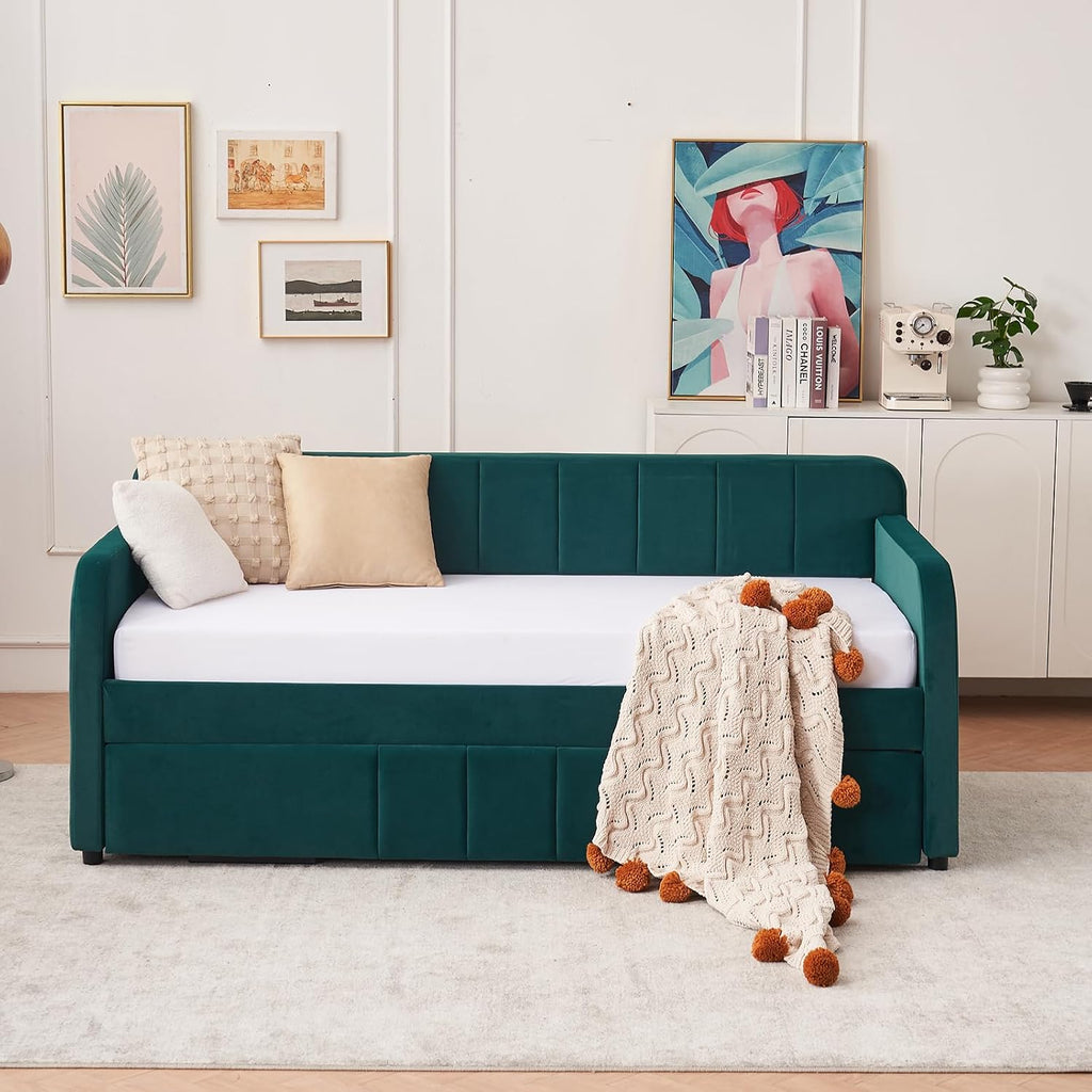 Twin to King Daybed with Trundle, USB Ports, Velvet Upholstered Daybed with Pop Up Trundle Bed, Modern Extendable Day Bed Frame for Kid Adult Bedroom Living Room Guest Room Small Places Emerald