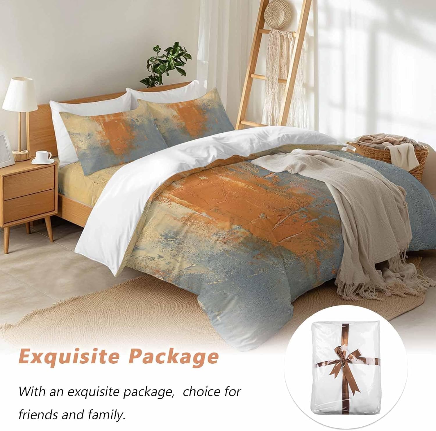 Abstract Art Duvet Cover Set Queen Size 4 Pieces Orange Grey Wall Mottled Texture Minimalist Modern Bedding Set with Zipper Closure, 1 Comforter Cover 90x92 Inches 1 Flat Sheet & 2 Pillow Cases