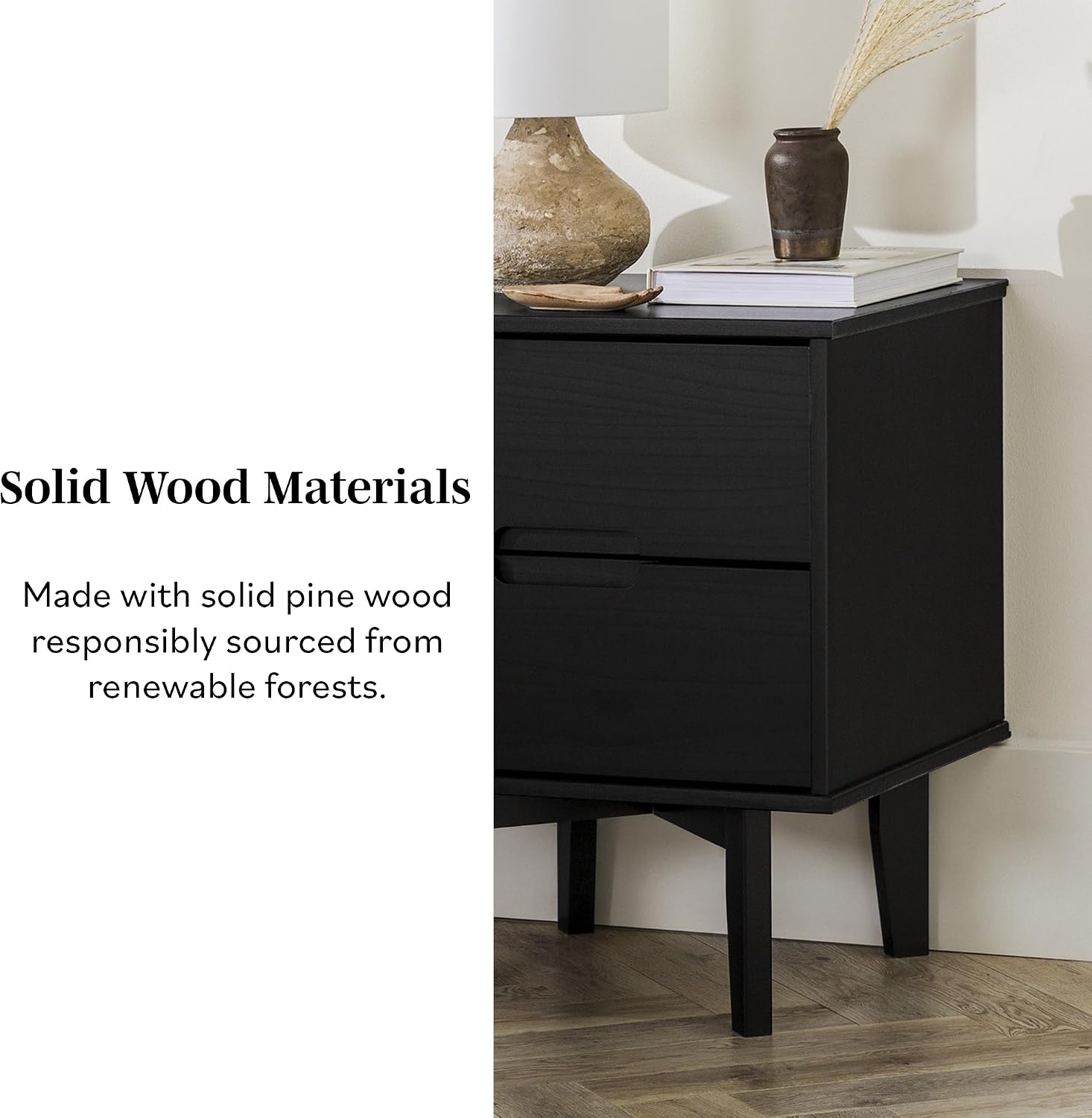 Brynn Modern Solid Wood 2-Drawer Nightstand 24 Inch Black