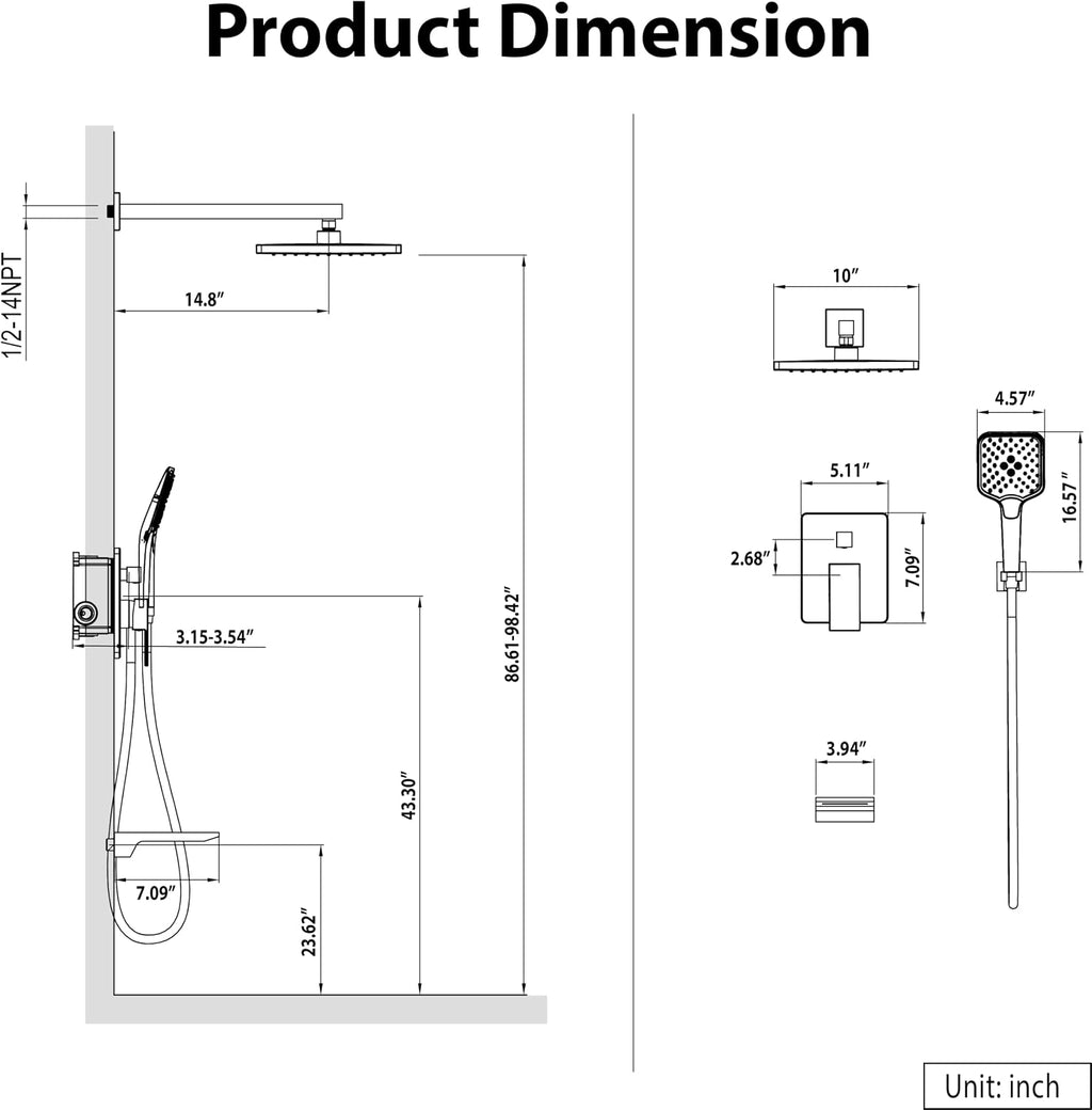 Gabrylly Shower System with Tub Spout, Wall Mounted Tub Shower Faucet Set for Bathroom with High Pressure 10' Rain Shower head and 3-Setting Handheld Shower Head Set,Matte Black
