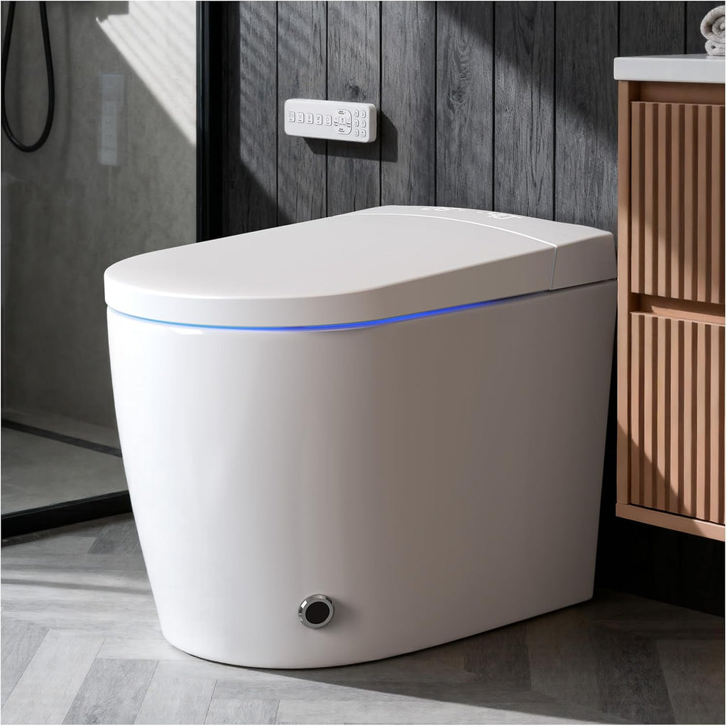 Smart Compact Toilet for Small Bathroom, 23' Depth Toilet with Auto Open/Close Lid & Foot Sensor Flush, Heated Seat, Warm Water Wash & Dryer, Tankless One Piece Toilet with 1.28GPF