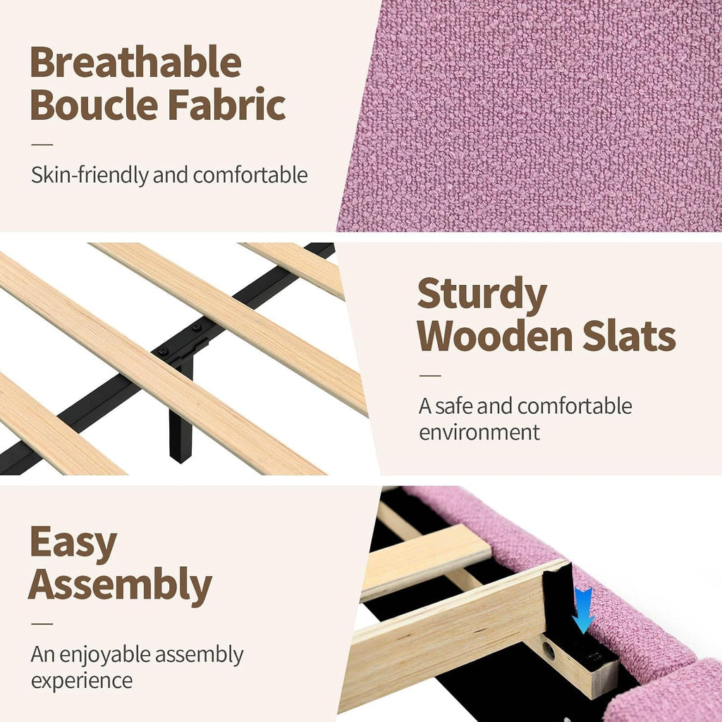 BarnFurin Twin Bed Frame with Headboard, Boucle Upholstered Platform Bed Frame, Soft Rounded Corners, No Box Spring Required, Easy Assembly, Rose Pink