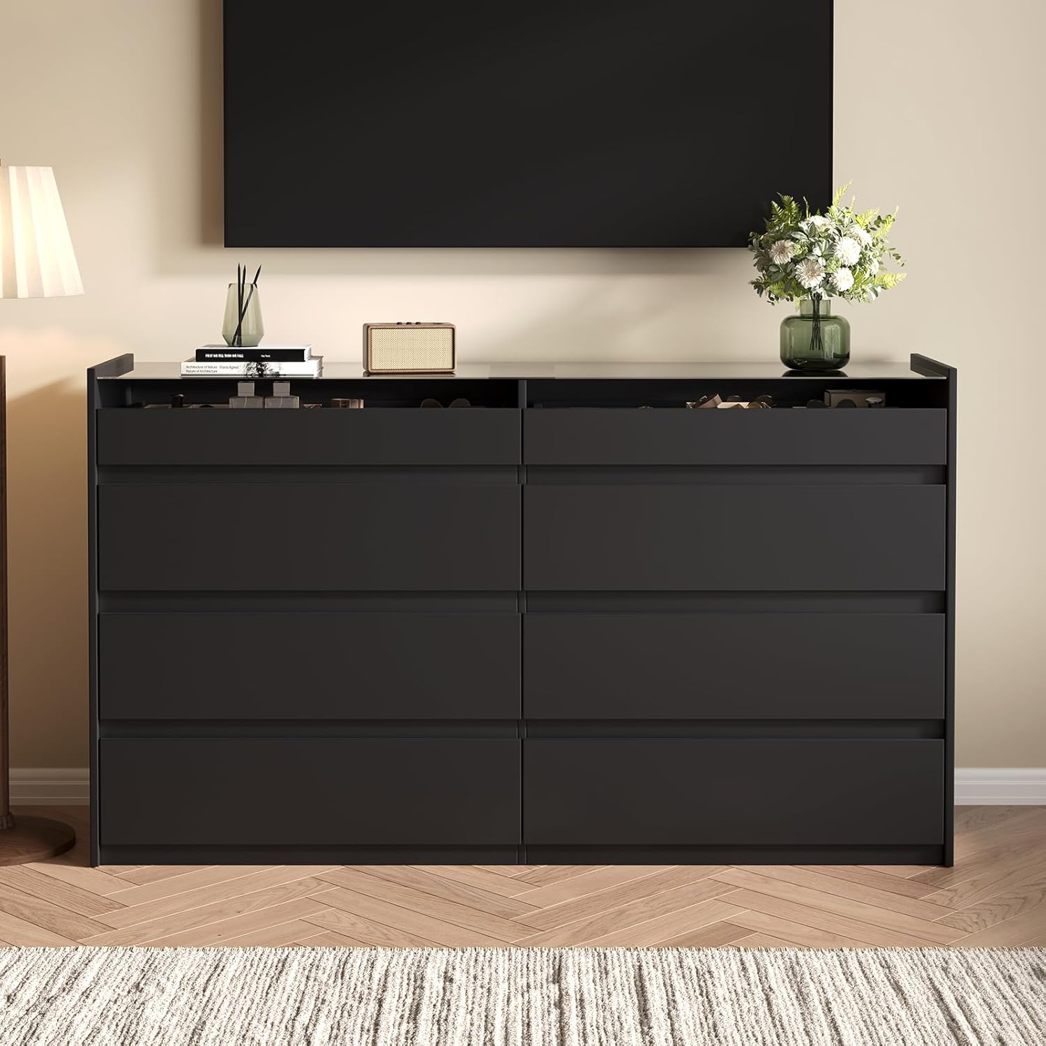 Black 8 Drawer Dresser for Bedroom, Modern Chest of Drawers, Jewelry Dresser Display with Glass Top and LED Light, Dressers Organizer for Bedroom, Closet, Living Room