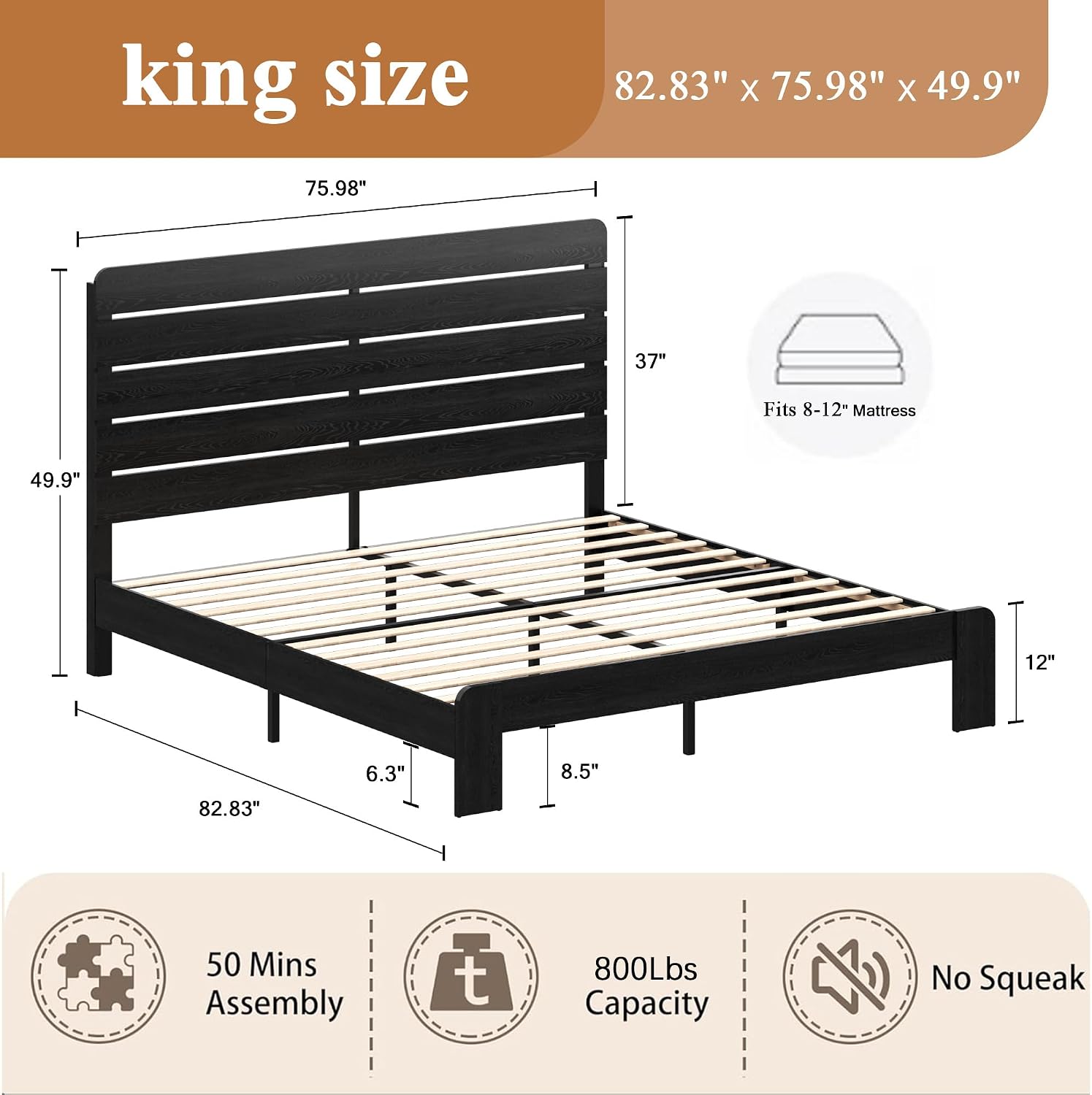 Wooden King Size Bed Frame with Headboard, Rustic Farmhouse Platform Bedframe with Wood Slat Support, Sturdy and No Noise, Easy Assembly (Black, King)