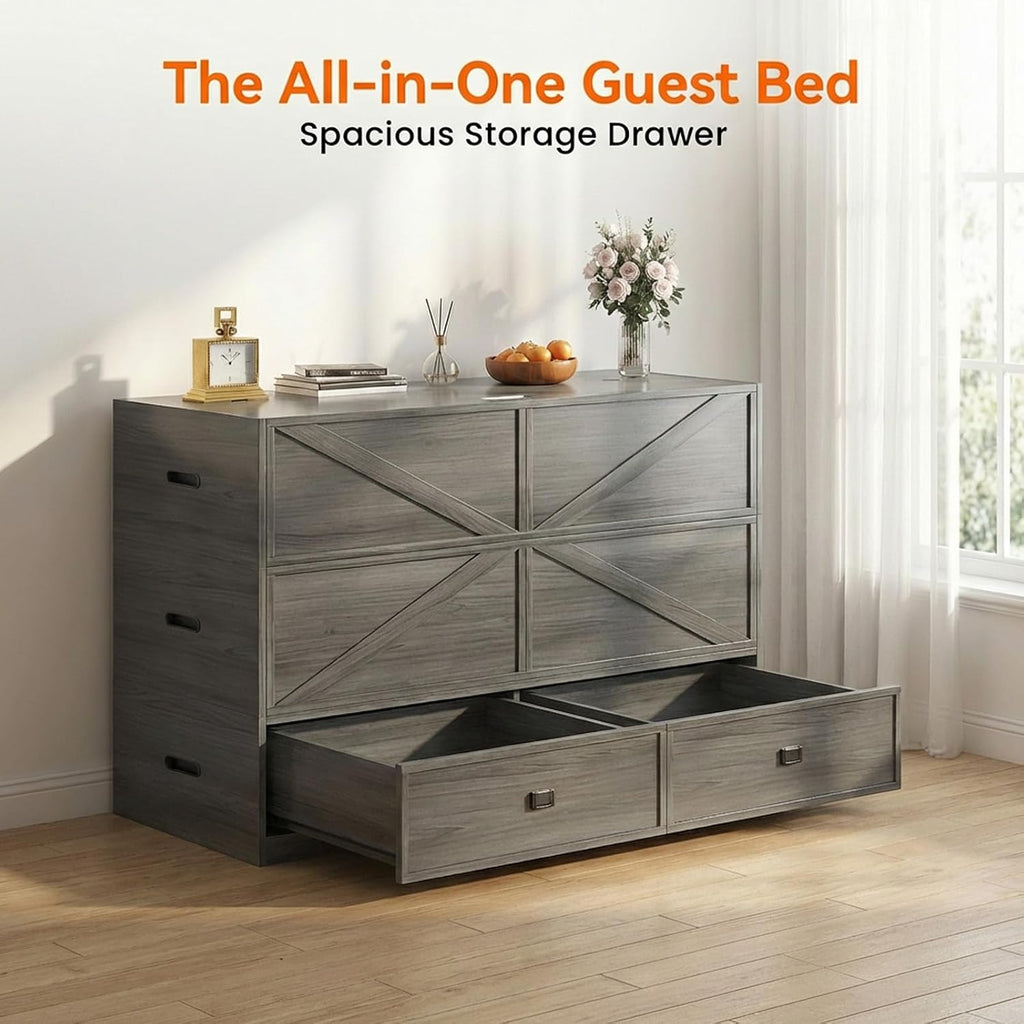 CECER Murphy Bed Queen with Mattress Include，Queen Size Murphy Bed with Storage Drawers，Multi-Functional Desgin that Converts to Sofa Set for Small Spaces/Guest Room/Bedroom（Grey）