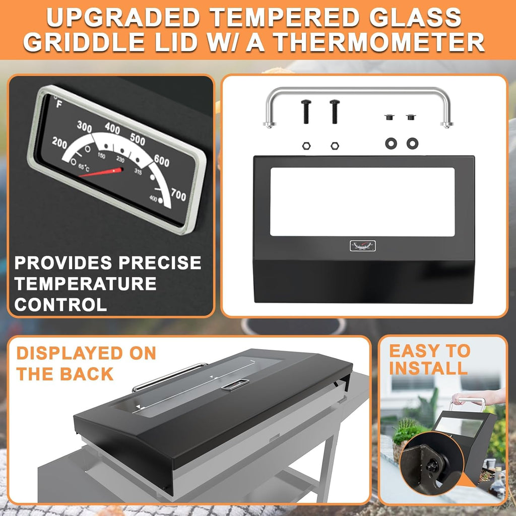 Upgrade Hinged Lid for Blackstone 28' Omnivore Griddle Hood,5857 Visualized Tempered Glass Hard Cover for Blackstone Lid 28' Omnivore 2206 1883 1517 2287 etc.Flat Top Griddle Accessories w/Thermometer