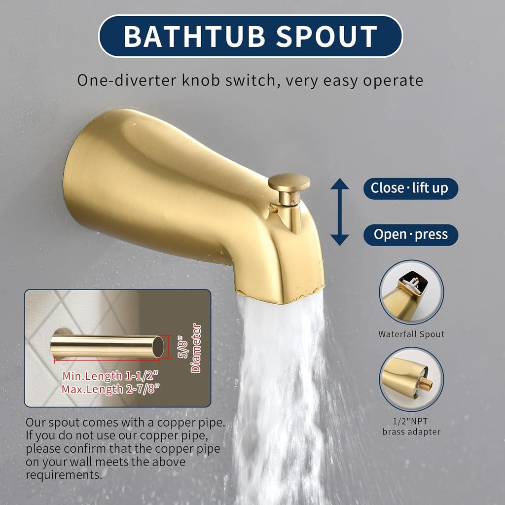 2 Handles Shower Faucet Set with Tub Spout Bathtub Shower Faucet Combo Set Shower System Complete Tub and Shower Trim Kit Wall Mounted Shower Fixtures Brushed Gold