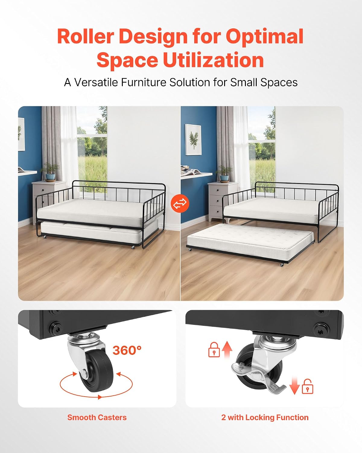 VEVOR Full Size Daybed Frame, Day Bed with Trundle, Heavy Duty Metal Platform Bed Frame, Full Daybed with Metal Slats Support for Living Room, Bedroom, Guest Room, Easy Assembly, Black