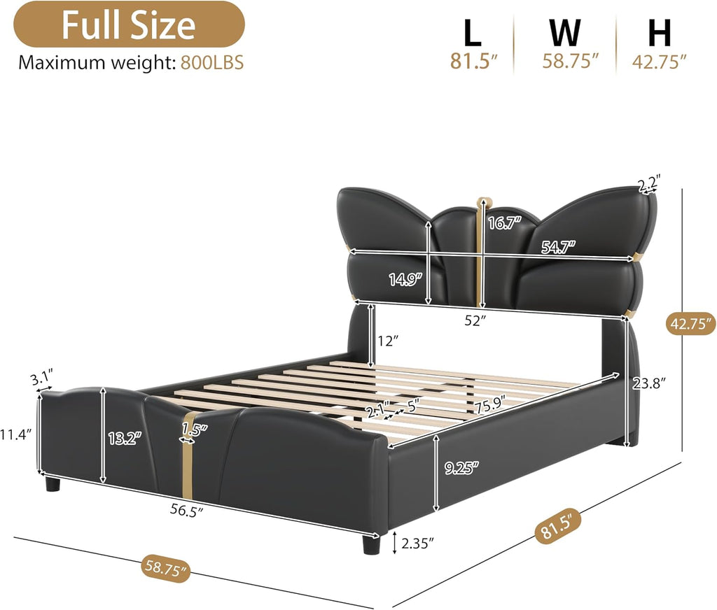 Merax PU Leather Upholstered Platform Bed with Butterfly Shaped Headboard and Footboard, Full Size Bed Frame for Bedroom, Solid Wood Slats Support, No Box Spring Needed, Easy Assembly, Black