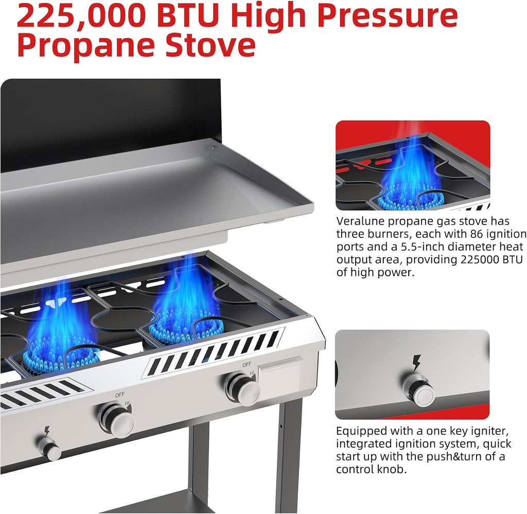 Veralune Outdoor Flat Top Gas Grill with Lid, Outdoor Griddle with Enameled Tray, Propane Gas Griddle, for Breakfast, BBQ & Grilling Steel Cooking Surface, Folding Side Shelves, Push-Button Ignition