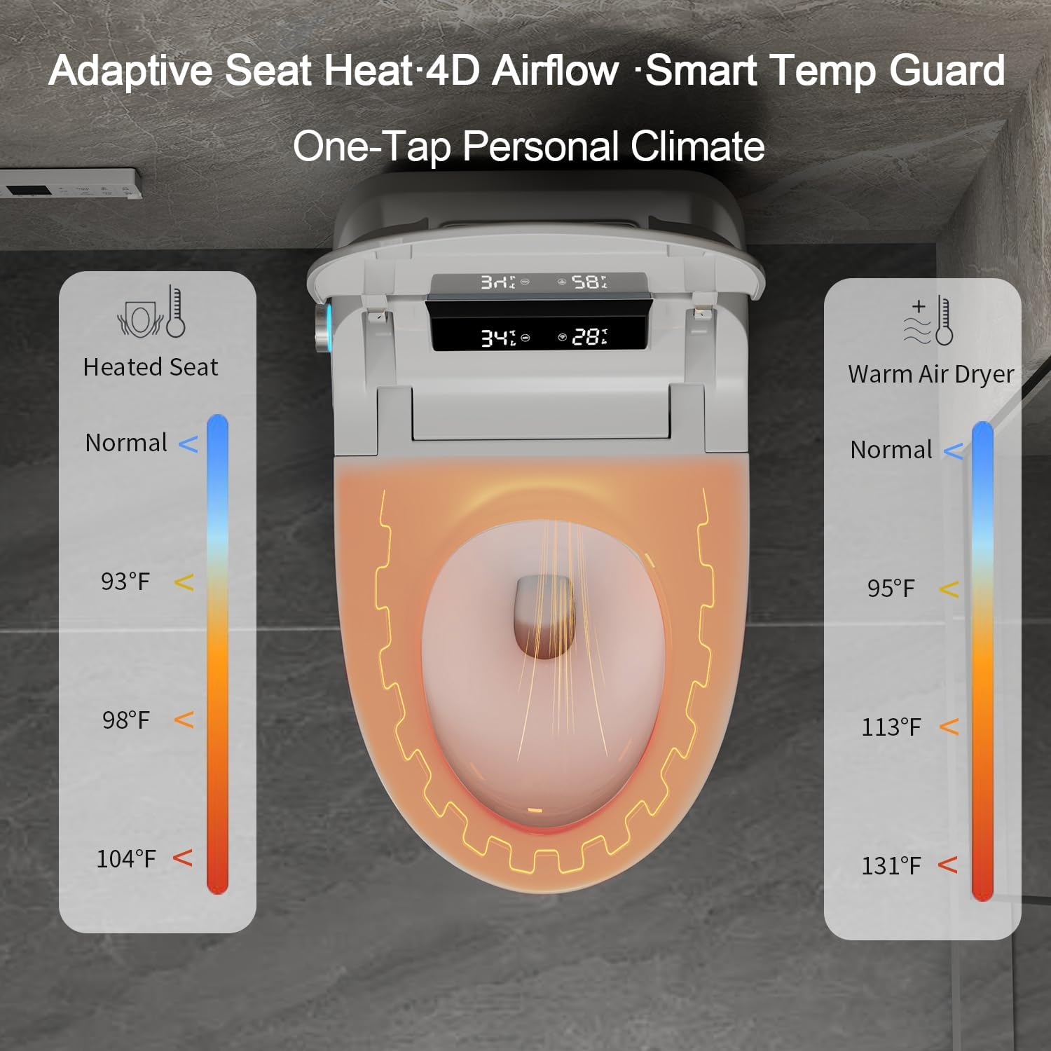 Smart Toilet with Elongated Bidet, Auto Open & Close, Auto Flush,Warm water massage, Heated Seat,Movement Drying, Night Light, Wireless Remote Control.