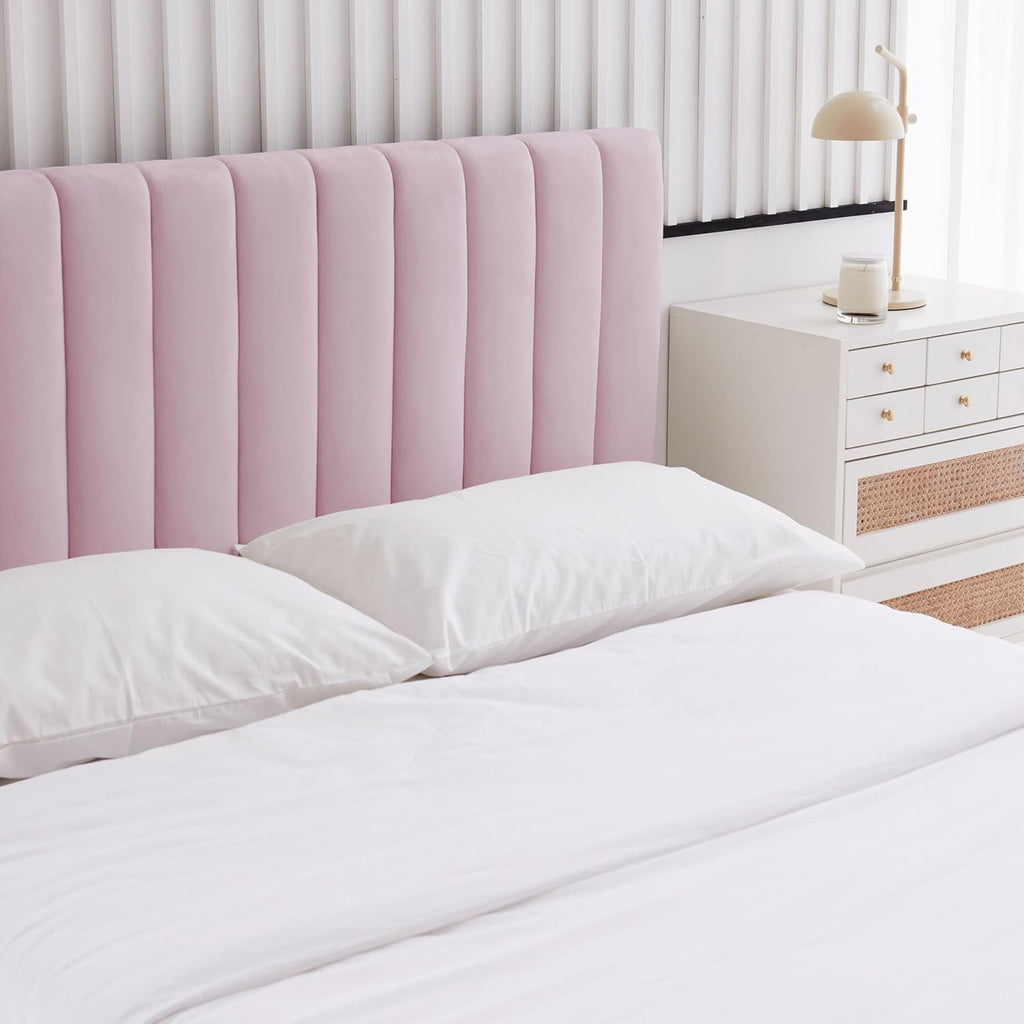 Livinia Twin Size Elton Velvet Platform Bed Set, Upholstered Bed Frame with Vertical Channel Tufted Headboard Footboard with Side Panel Nightstand, No Box Spring Needed, Pink (Twin)