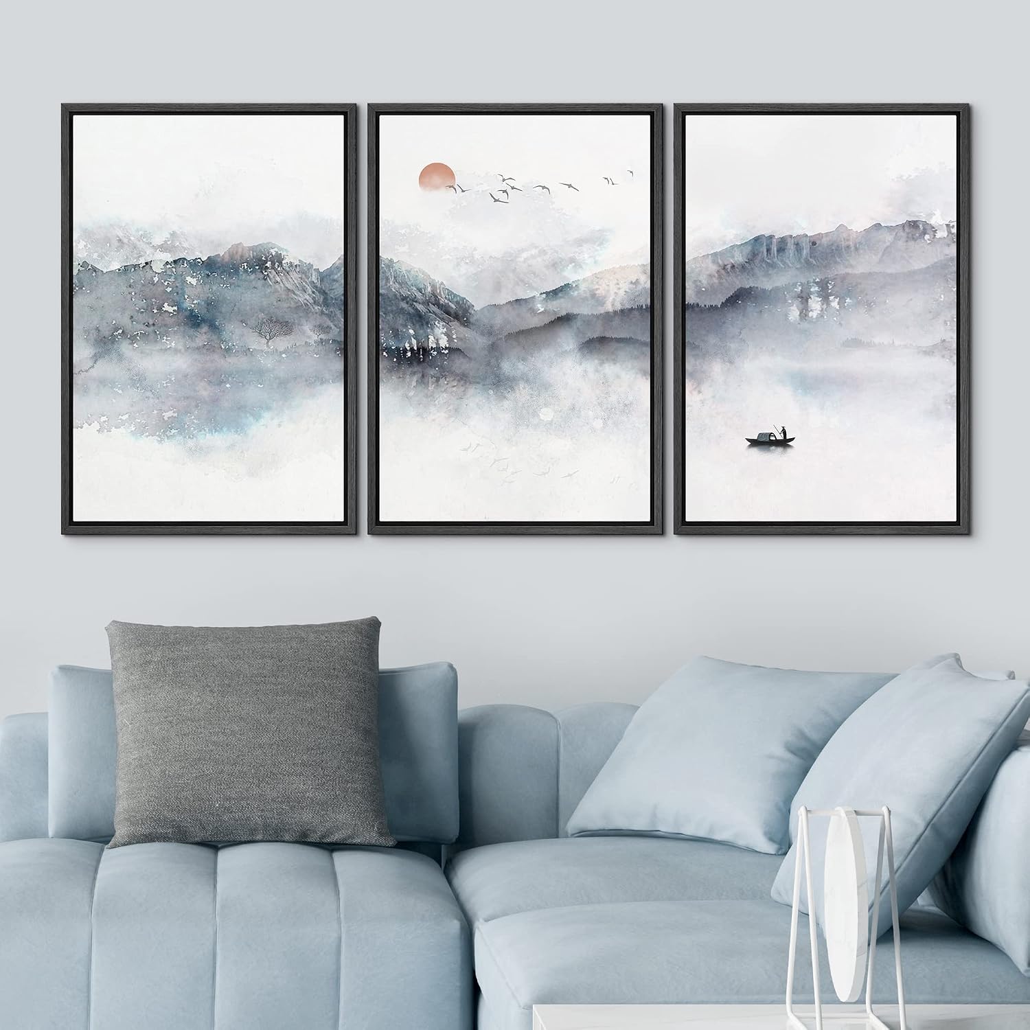 NWT Framed Canvas Print Wall Art Set Watercolor Pastel Mountain Ocean Boat Landscape Abstract Shapes Illustrations Decorative Calm/Zen Multicolor for Living Room, Bedroom, Office - 16'x24'x3 Black