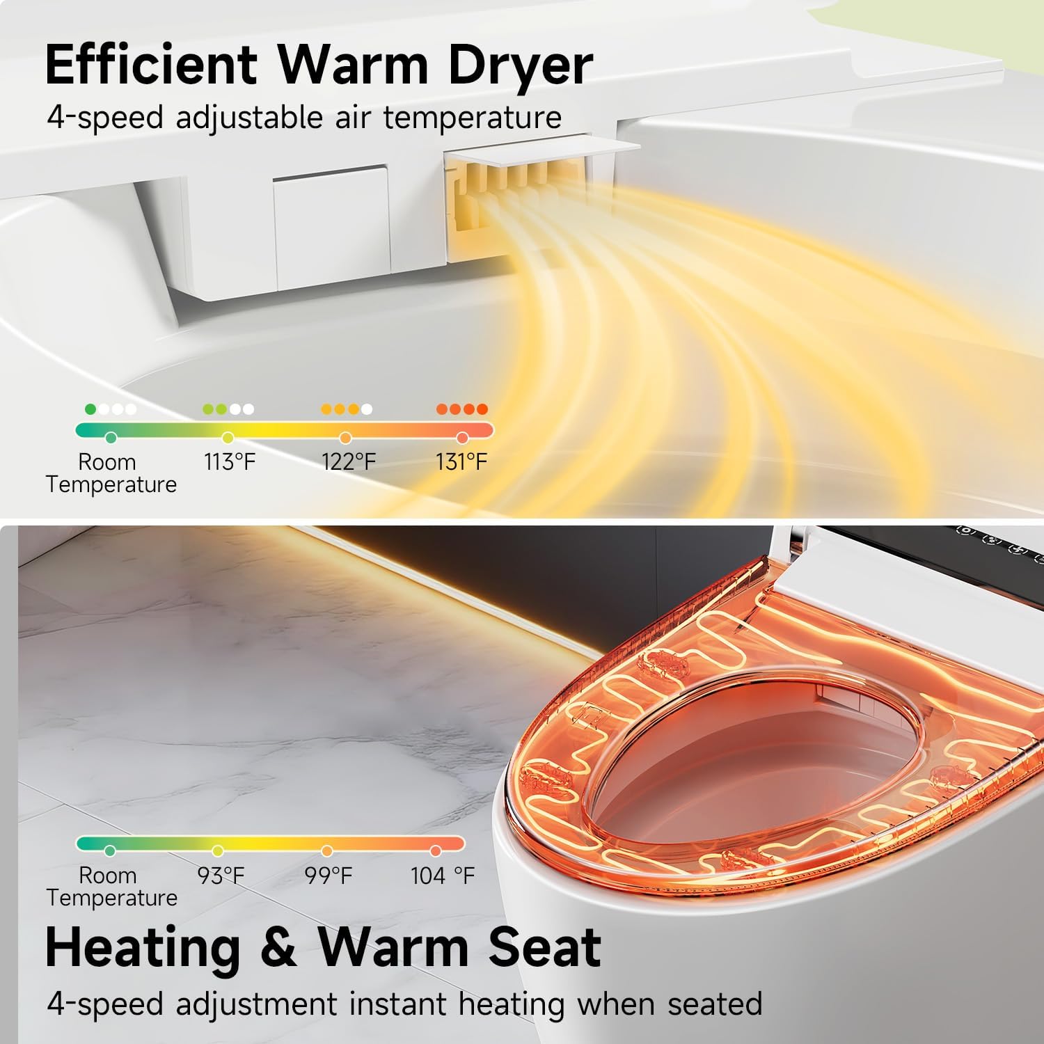 Smart Bidet Toilet Auto Open/Close Lid, Heated Seat with Warm Water Sprayer & Dryer, Tankless Smart Toilet with Auto Dual Flush,Foot Sensor Operation,One Piece Toilet for Bathrooms