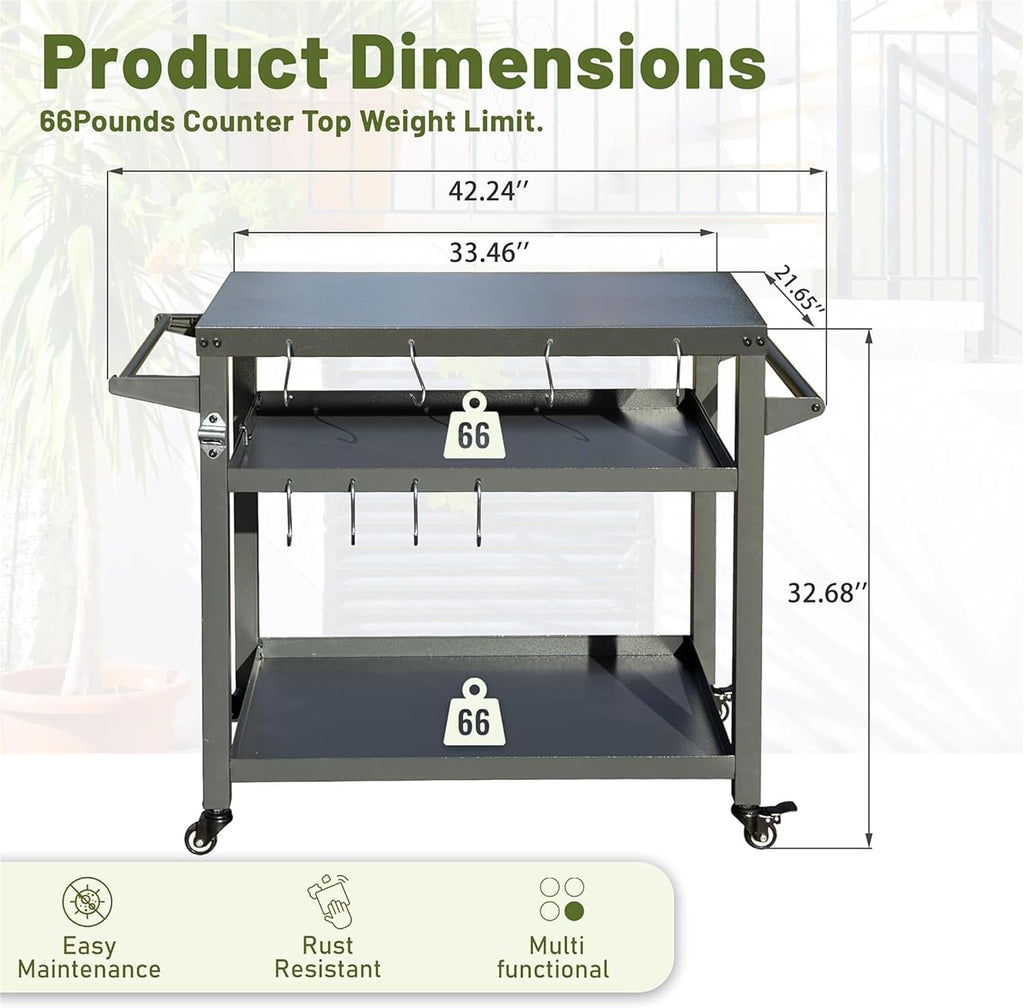 3-Shelf Outdoor Grill Table, Grill Cart with Wheels, Heavy-Duty Steel Food Prep Station with Propane Tank Hook for Blackstone Griddle, Pizza Oven Stand and BBQ Grill Cart for Backyard Cooking