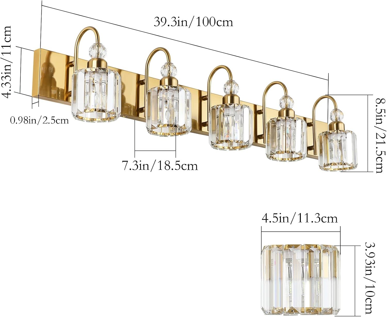 Ralbay Crystal Vanity Lights 5-Lights Brass Gold Over Mirror Modern Bathroom Wall Lighting Fixtures