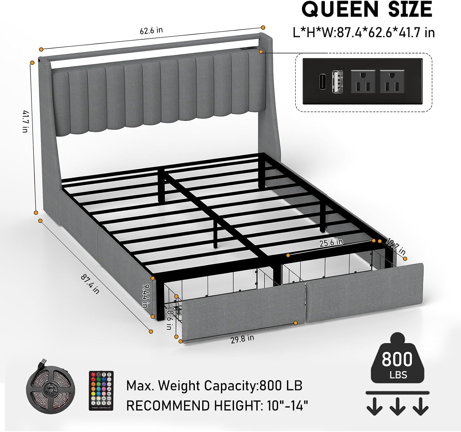 Queen Bed Frame with Headboard and 2 Storage Drawers, Platform Bed Frame Queen Size Upholstered with LED Lights and Charging Station, Steel Slat Support, No Box Spring Needed, Easy Assembly, Gray