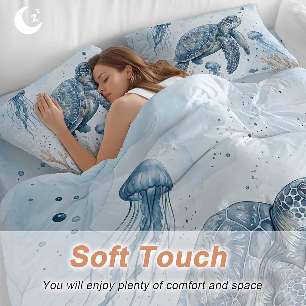 Marine Life Duvet Cover Set Queen Size 4 Pieces Blue Sea Turtle Jellyfish Fish Brown Coral Watercolor Bedding Set with Zipper Closure, 1 Comforter Cover 92x106 Inches 1 Flat Sheet & 2 Pillow Cases