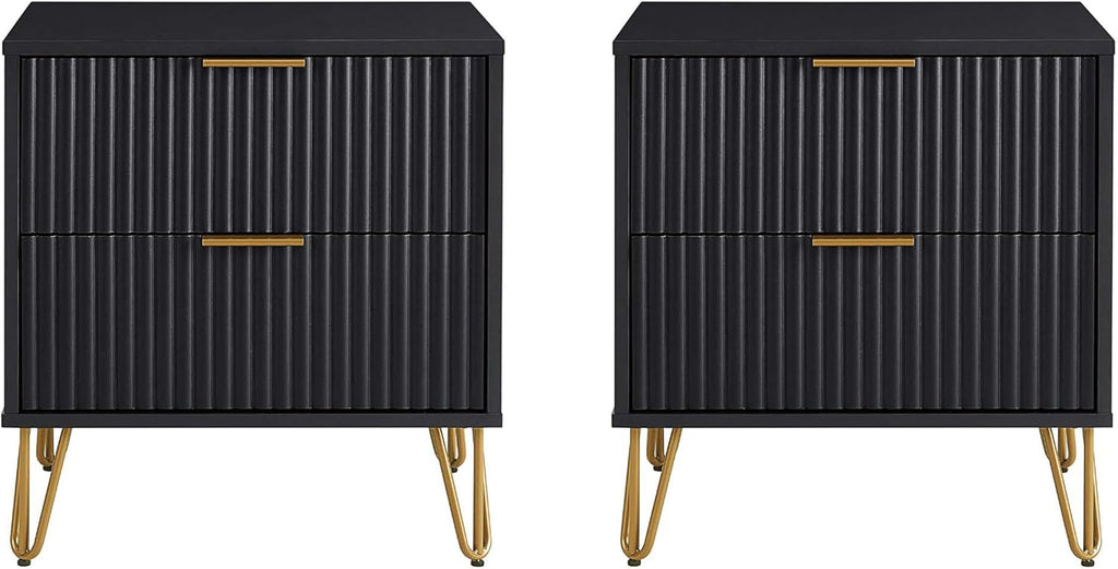 Manhattan Comfort Dumbo Modern Nightstand 2.0 with 2 Metal Feet | Splayed Gold Legs | Vertical Ribbed Design | No Tool Assembly Storage for Bedroom, Set of 2, Black