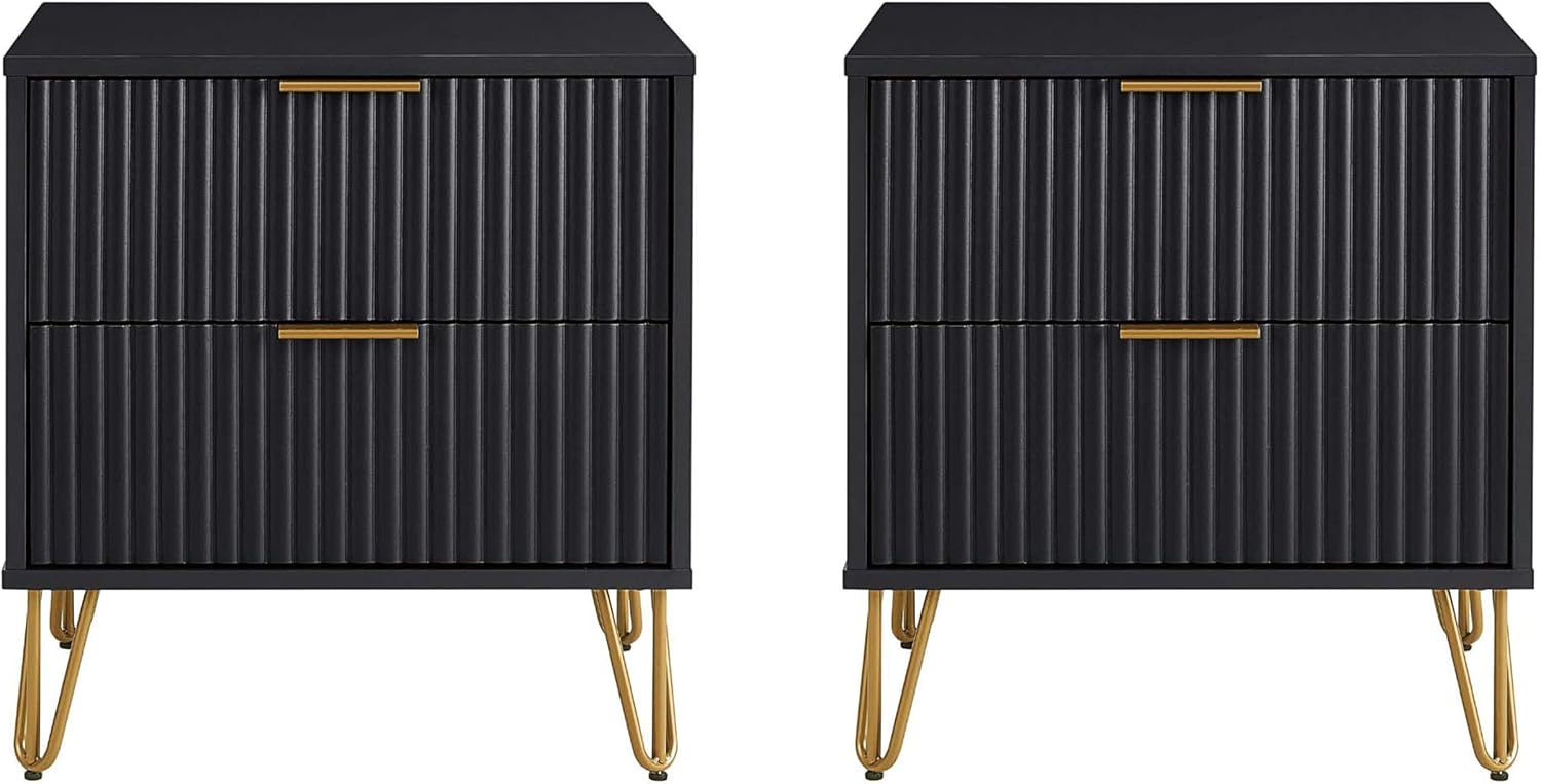 Manhattan Comfort Dumbo Modern Nightstand 2.0 with 2 Metal Feet | Splayed Gold Legs | Vertical Ribbed Design | No Tool Assembly Storage for Bedroom, Set of 2, Black