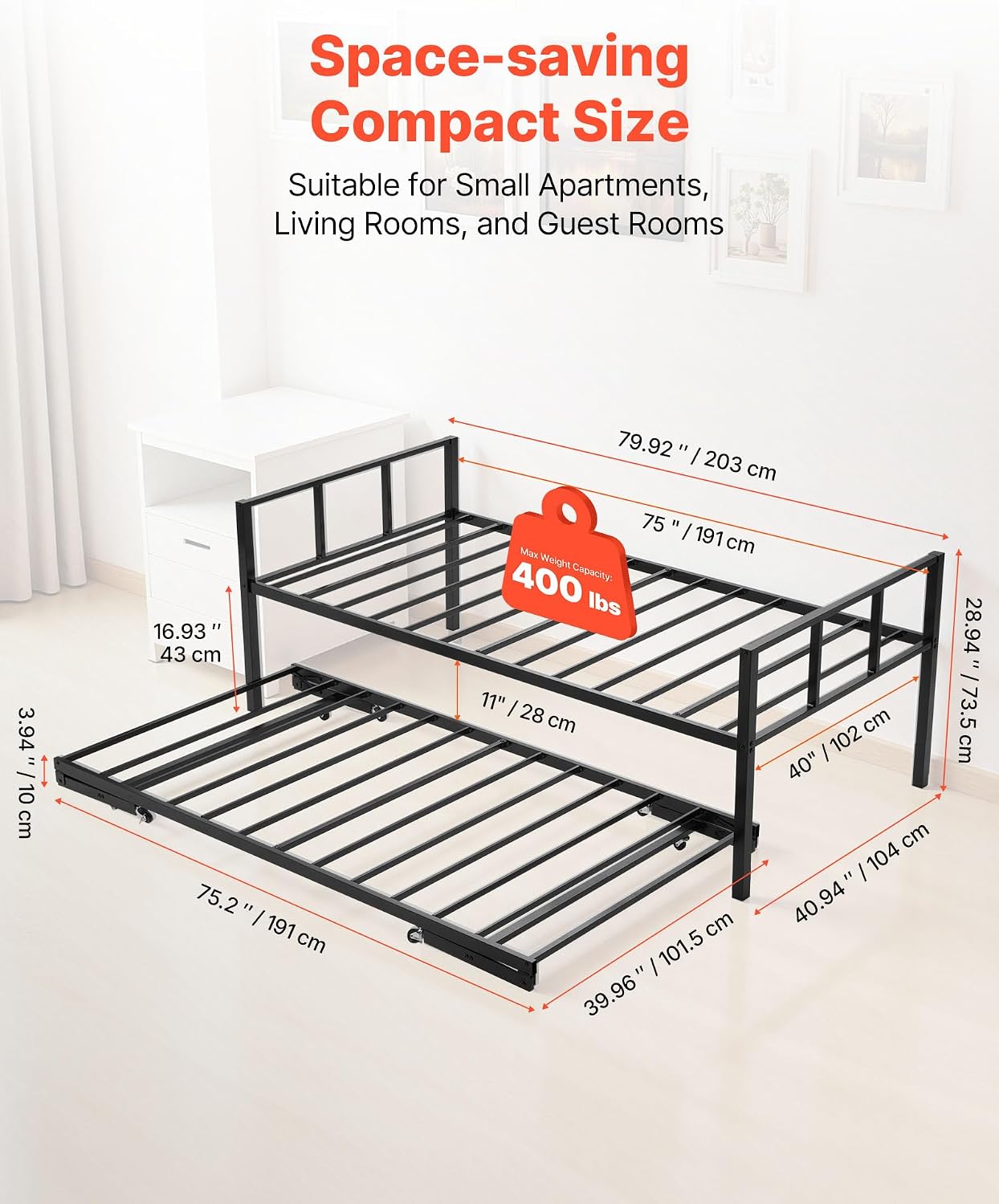 VEVOR Twin Size Daybed Frame, Day Bed with Trundle, Heavy Duty Metal Platform Bed Frame, Twin Daybed with Metal Slats Support for Living Room, Bedroom, Guest Room, Easy Assembly, Black