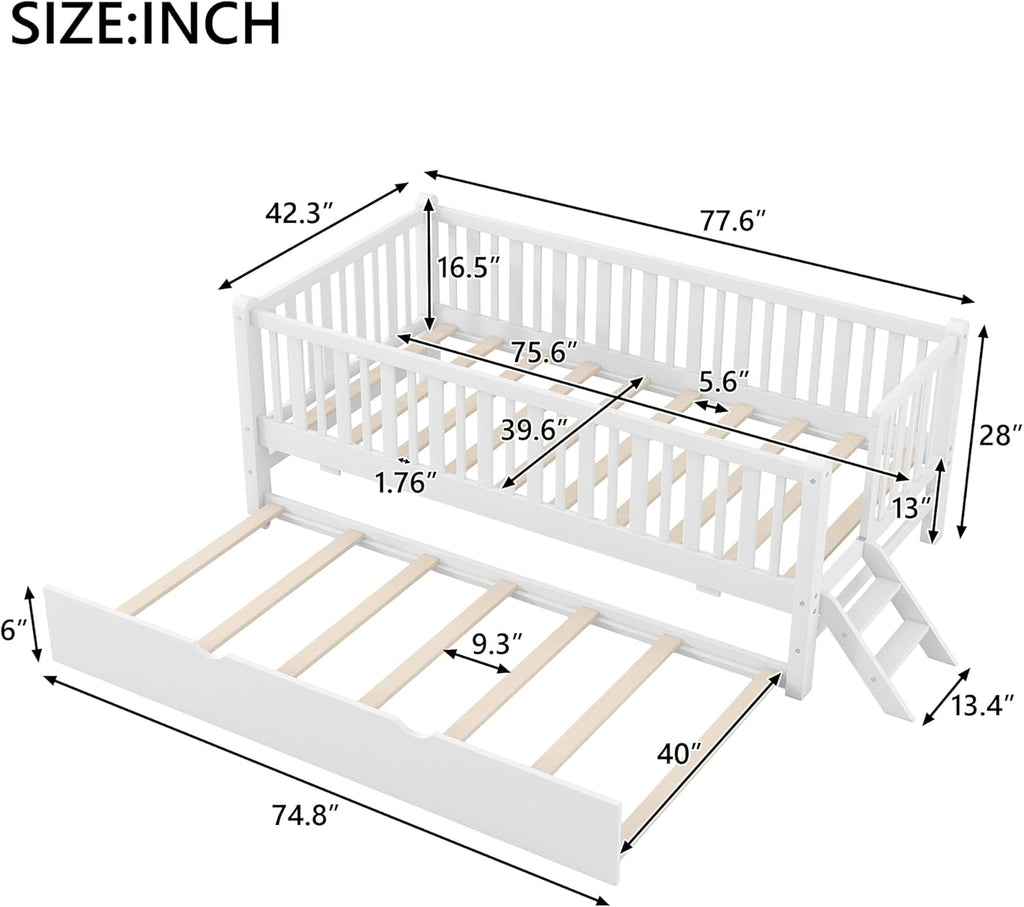 VilroCaz Twin Size Platform Bed with Guardrail and Trundle, Wood Kids Platform Bed Frame with Two-Step Ladder for Boys Girls, Sturdy Slats Support (White-1.26T)