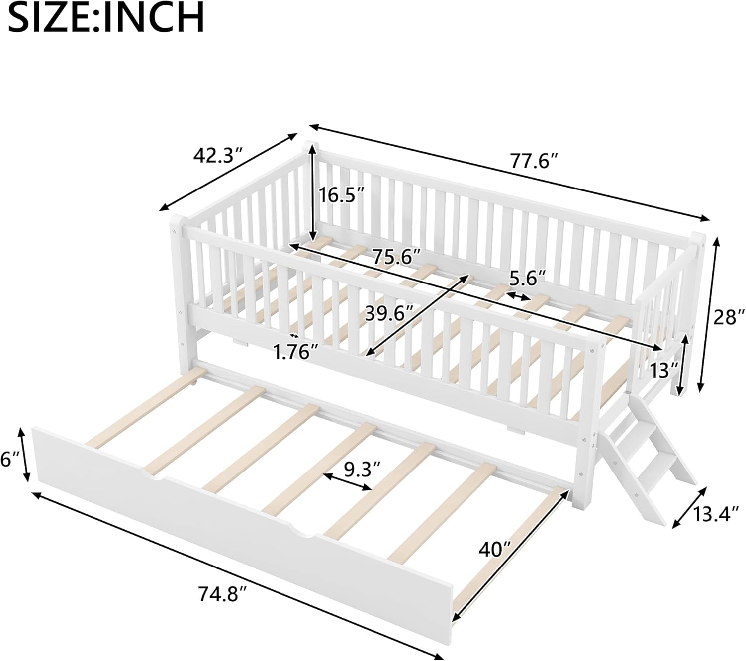 VilroCaz Twin Size Platform Bed with Guardrail and Trundle, Wood Kids Platform Bed Frame with Two-Step Ladder for Boys Girls, Sturdy Slats Support (White-1.26T)