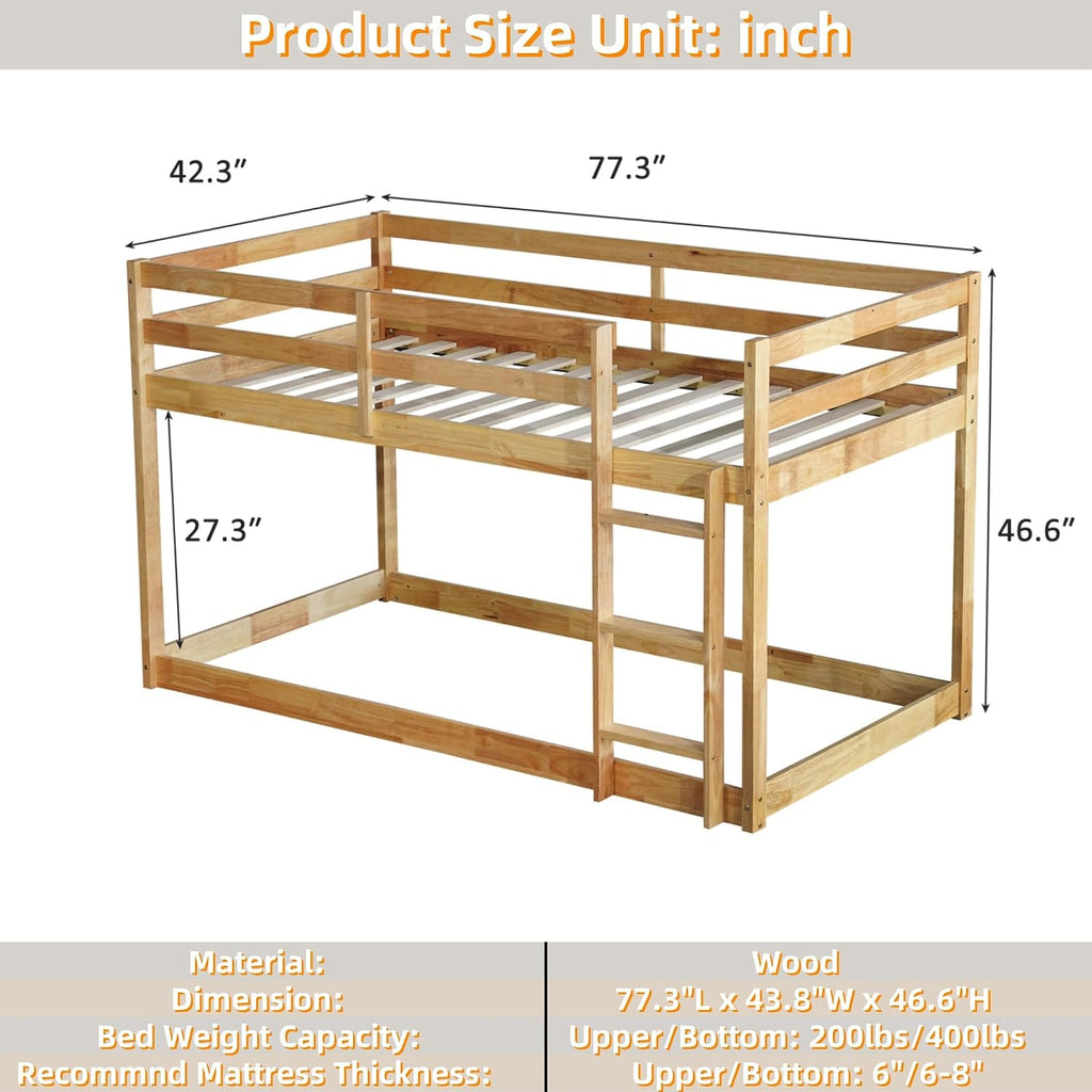 Bunk Bed Twin Over Twin, Floor Bunk Bed with Ladder, Safety Guard Rails, Heavy Duty Wooden Twin Bunk Beds Frame Low Bunkbeds No Box Spring Required, Natural