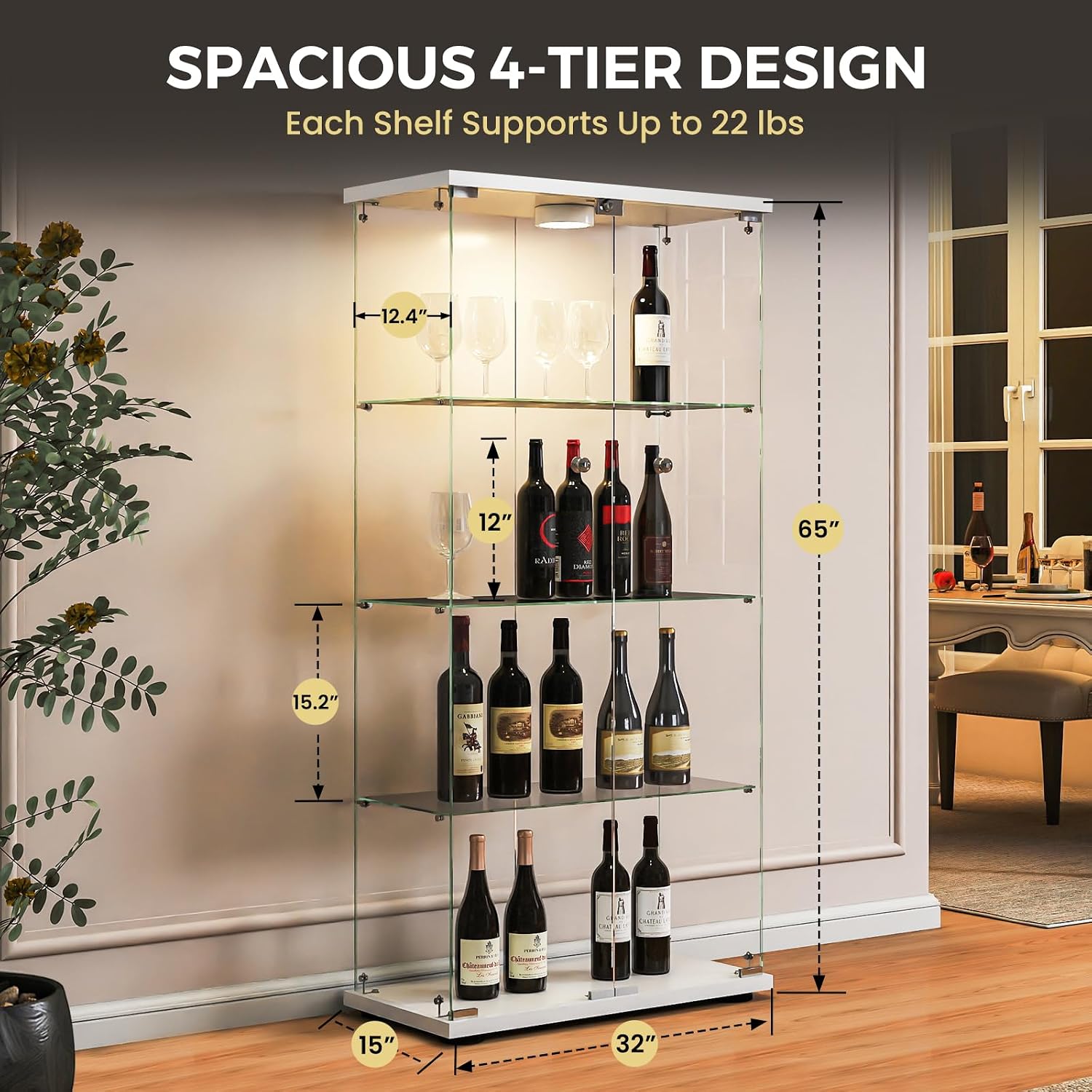 Glass Display Cabinet with LED Lights and Lock, 4-Shelf Tempered Glass Curio Cabinet with 2 Doors, Collectible Display Showcase for Living Room, Bedroom – White