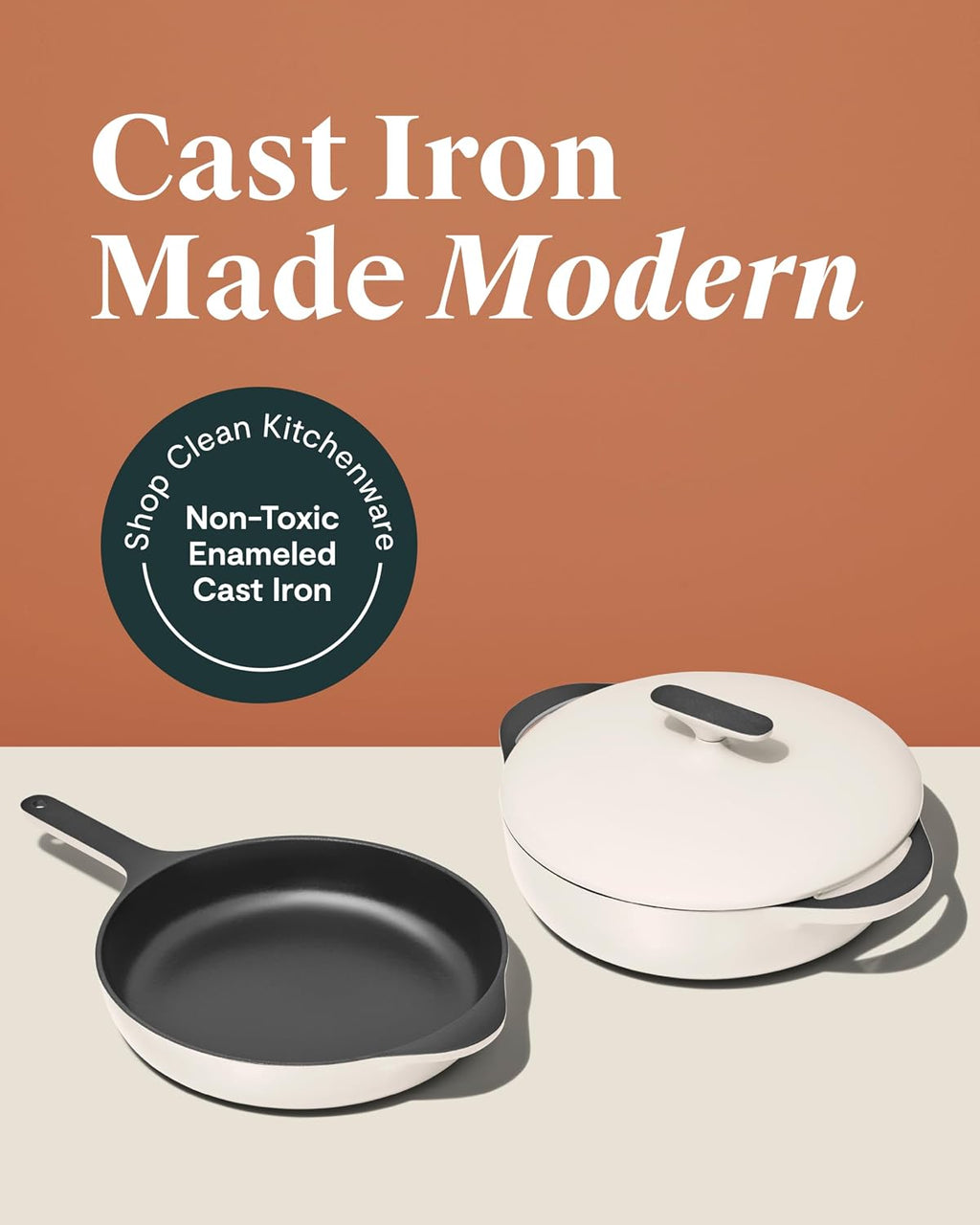 Caraway 10.5' Cast Iron Skillet and 3.5qt Braiser Pan Duo - 3 Layer Enamel Coating - No Seasoning Required - Compatible With All Stovetops - Oven Safe - Free From Forever Chemicals - Cream