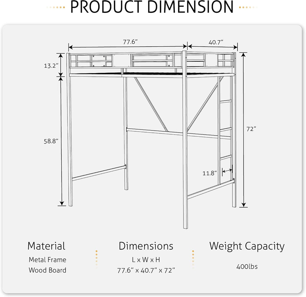 SHA CERLIN Loft Bed Twin Size with Ladder and Guardrail,Rustic Design,Metal Slats Support No Box Spring Needed Small Space Saving Furniture for Bedroom Dorm