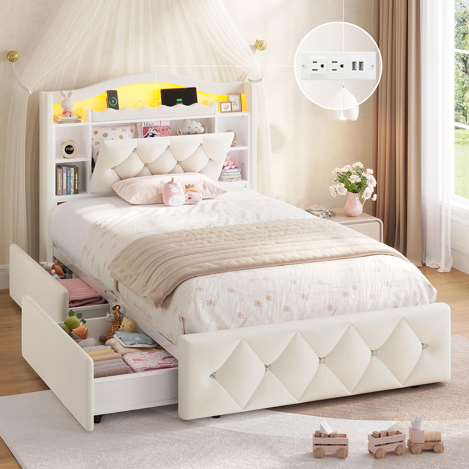 DICTAC Twin Size Bed Frame for Kids with Storage Drawers, Bookcase Headboard, LED Lights and Power Outlets, Diamond Tufted Velvet Upholstered Princess Platform Bed, Heavy-Duty Metal Support, Beige