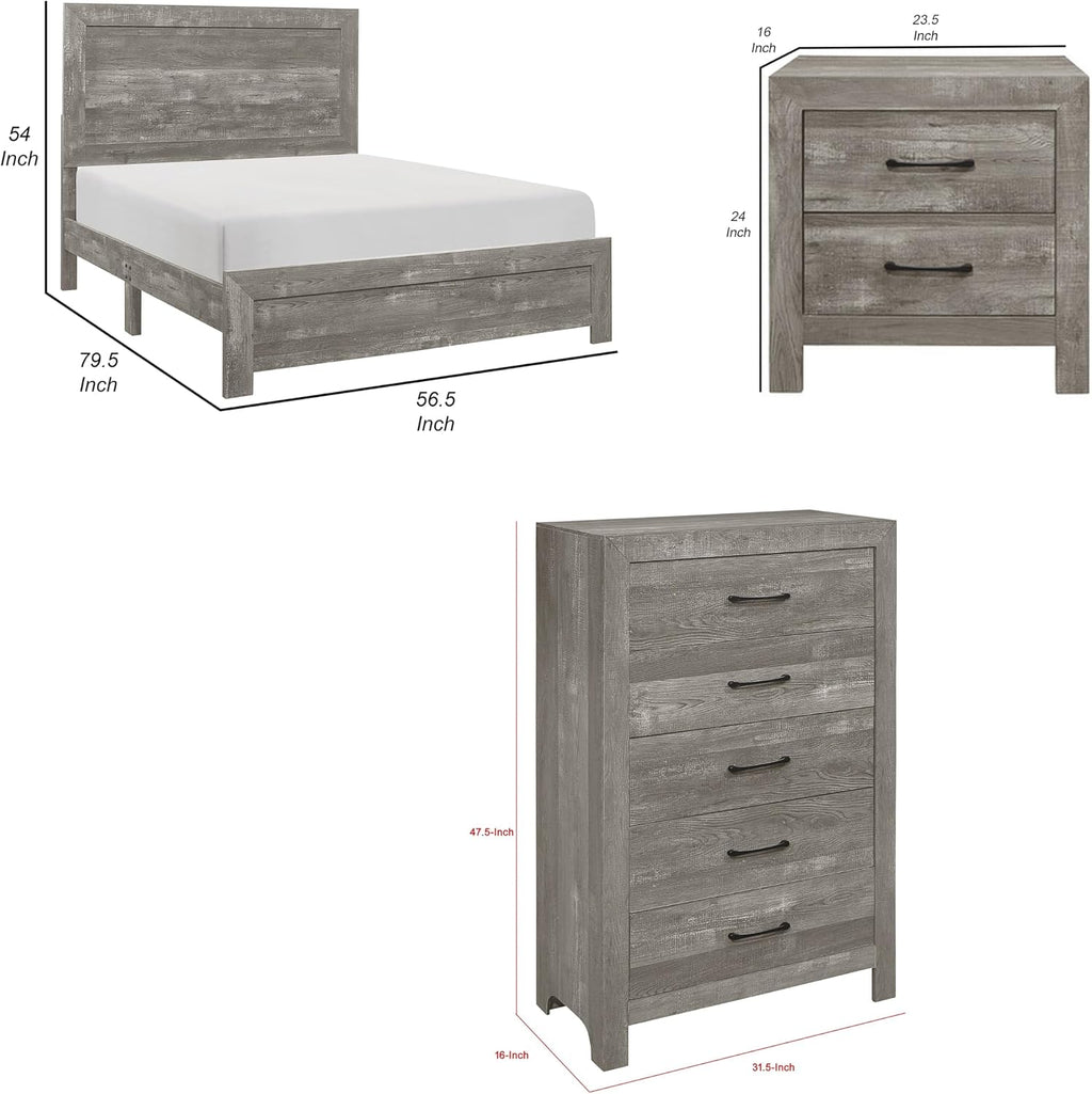 Benzara EB Three Piece Full Size Bedroom Set- Farmhouse Style- Gray- Black