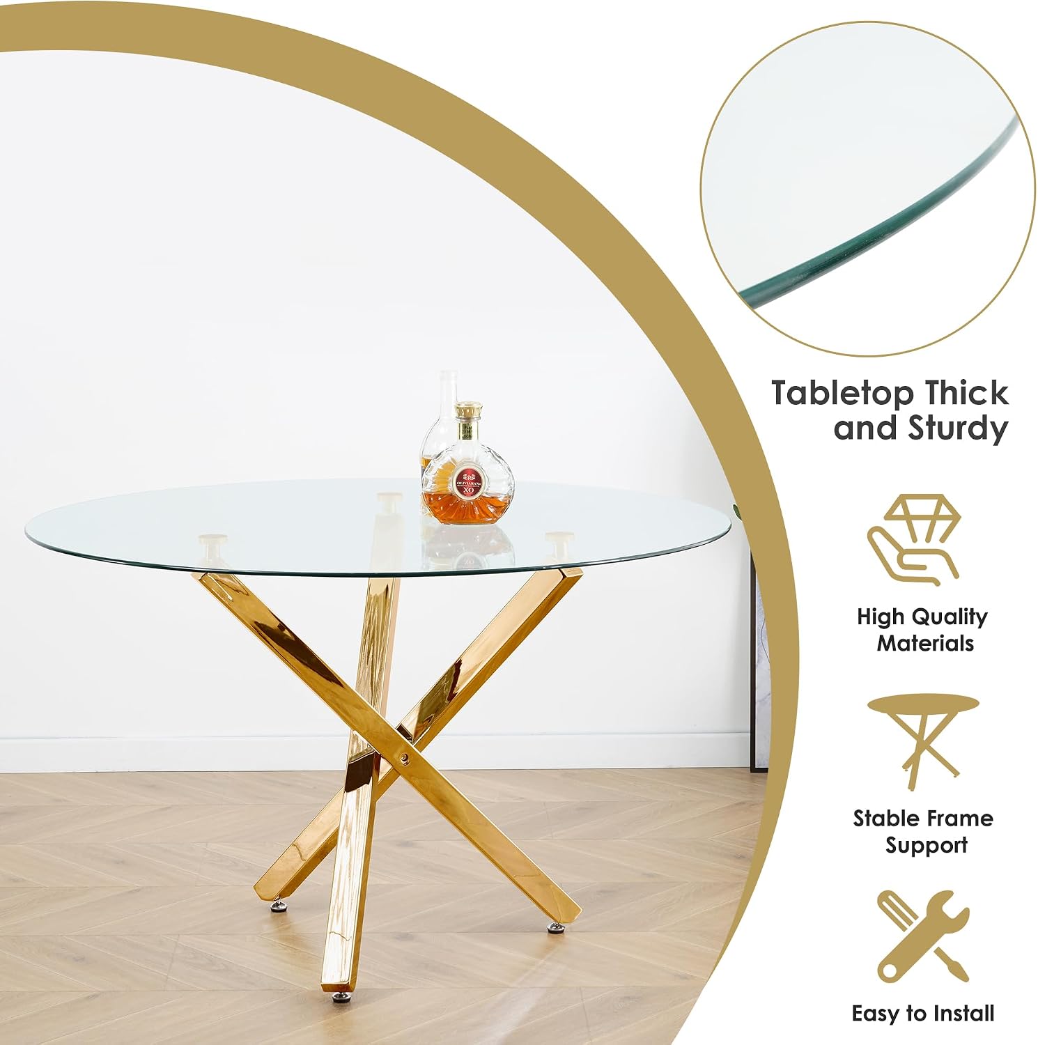 Modern Luxury Round Dining Room Table Set for 4, 47'' Clear Glass Top Dinner Set, 5 Piece Minimalist Circle Kitchen Table with Black Woven Chairs Set, Large Circular Dining Rooom Set (Gold)