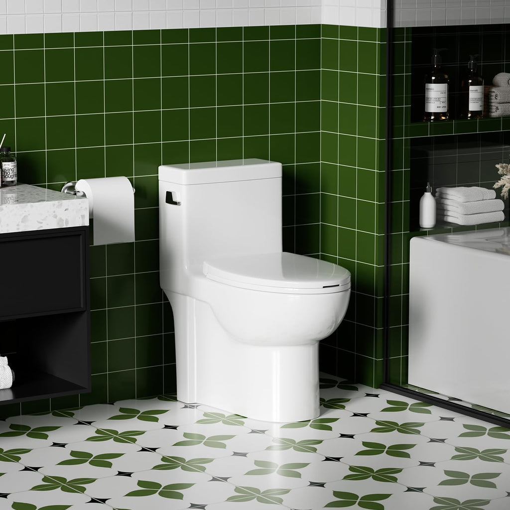 Elongated One Piece Toilet with Left-Hand Trip Lever, ADA Comfort Height, Seat Chair Height 17.3' Modern Toilet for Bathroom, 1.28 GPF, MAP 1000g, 12' Rough-In, Soft Closing Seat