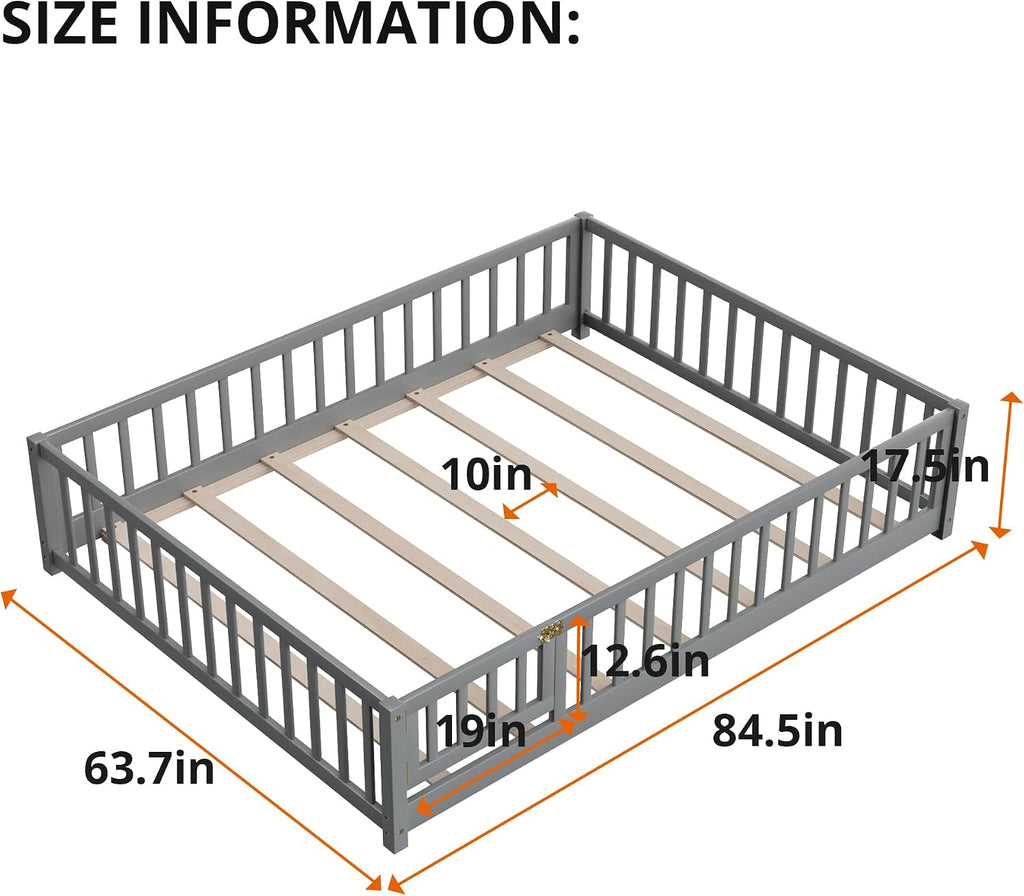 i-POOK Queen Floor Bed for Children, Sturdy Wood Montessori Bed Frame with Wood Slats, Fence & Door, Montessori Floor Bed for Girls and Boys, Gray