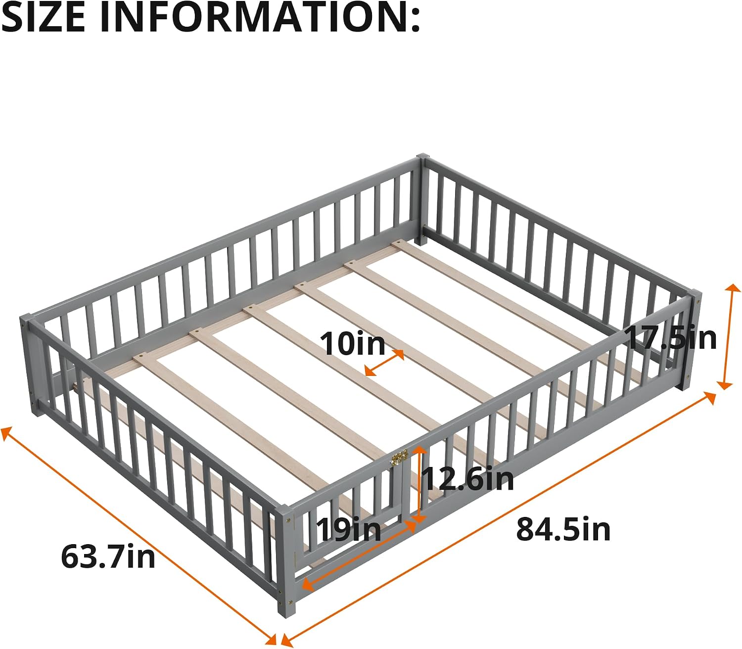 i-POOK Queen Floor Bed for Children, Sturdy Wood Montessori Bed Frame with Wood Slats, Fence & Door, Montessori Floor Bed for Girls and Boys, Gray