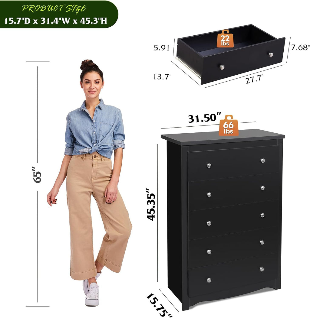 WLIVE Wooden Dresser with 5 Drawers, 45' Tall Black Dresser for Bedroom, Chest of Drawers, Storage Cabinet and Organizer Drawers for Living Room, Hallway, Closet