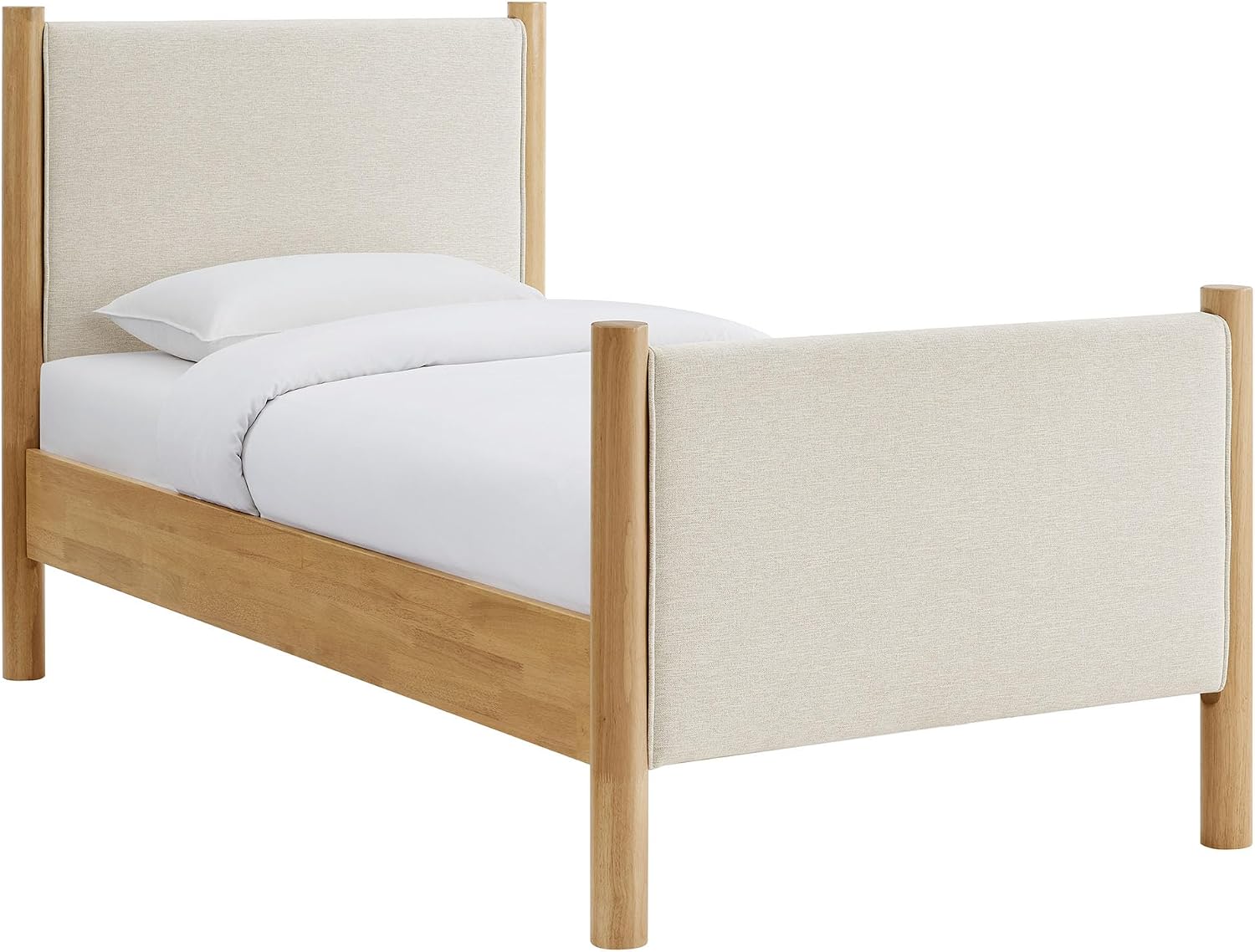 Modway Maven Twin Size Bed Frame in Ivory Oak with Upholstered Fabric Headboard and Footboard – Wood Twin Platform Bed Frame – No Box Spring Needed