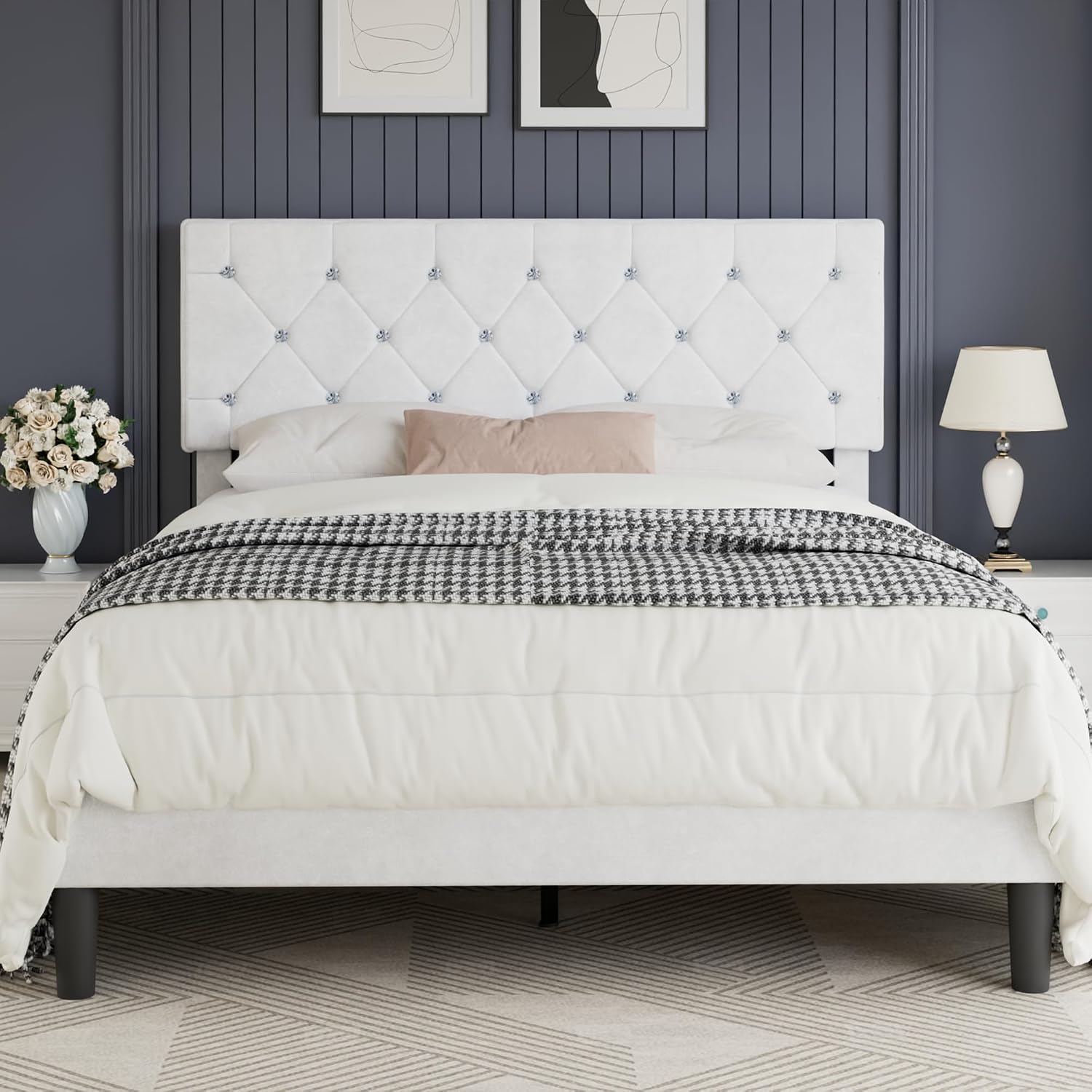 VECELO Queen Size Bed Frame with Diamond Tufted Headboard, Upholstered Platform Bedframe with Wood Slat Support, No Box Spring Needed, Velvet & White