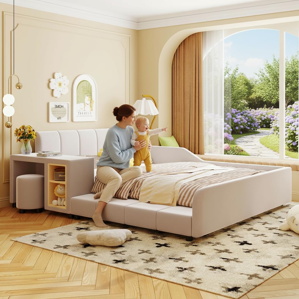 Merax Full Size Velvet Bed Frames Upholstered Grounded Bed, Wooden Mother & Child Bed with Bedside Desk and Little Round Stool,Kids Adults Bedroom Floor Platform Bed,Beige