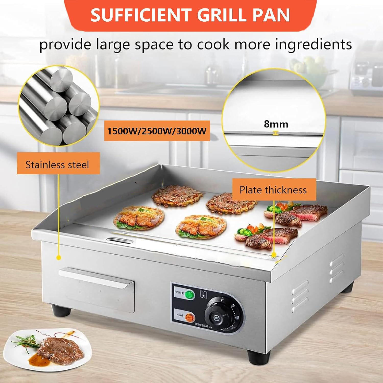 Electric Flat Top Grill Commercial Griddle 50-300℃, Stainless Steel Steak Bacon Fryer For Outdoor Camping, With Raised Baffle & Oil Storage Box & Radiation Hole & Rubber Feet,2500W