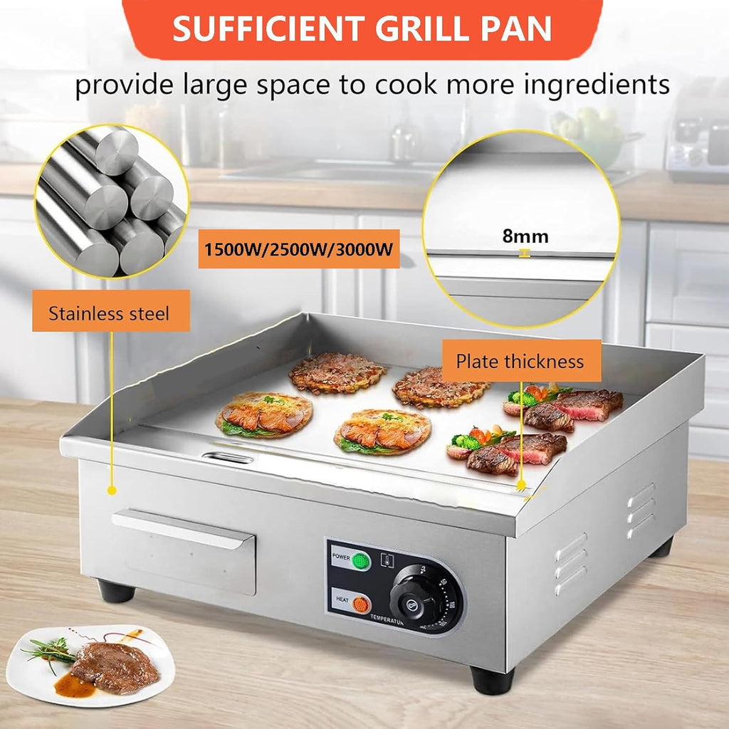 Electric Flat Top Grill Commercial Griddle 50°C-300°C, Stainless Steel Steak Bacon Fryer for Outdoor Camping, with Raised Baffle & Oil Storage Box & Radiating H，1500W