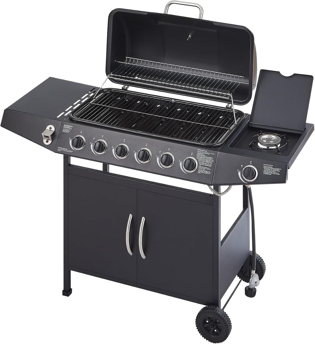 Black 6 Burner Propane Gas BBQ Grill with Side Burner, 59000 BTU Output Stainless Steel Barbecue Grill with Enameled Grates and Side Tables for Outdoor Cooking Patio Backyard (6+1)