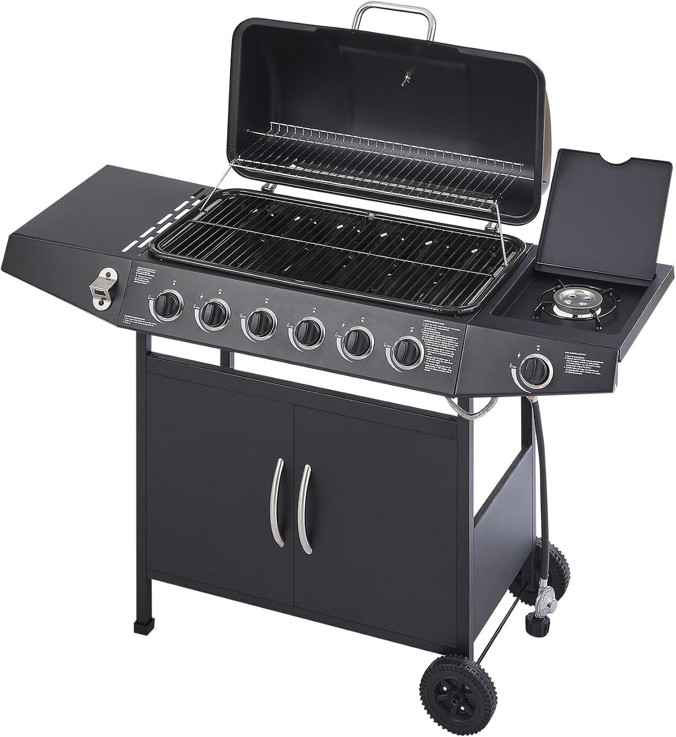 Black 6 Burner Propane Gas BBQ Grill with Side Burner, 59000 BTU Output Stainless Steel Barbecue Grill with Enameled Grates and Side Tables for Outdoor Cooking Patio Backyard (6+1)