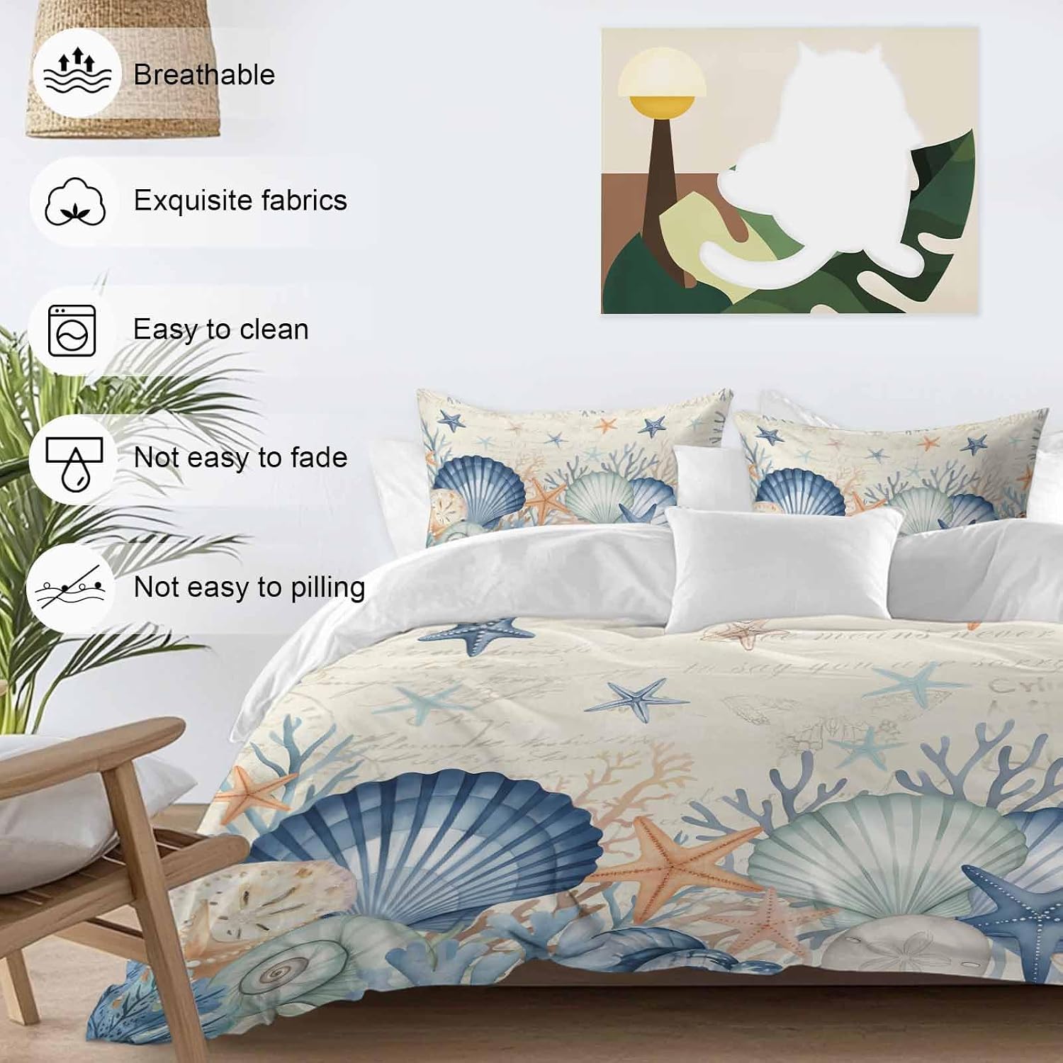 Summer Marine Life Duvet Cover Set Queen Size 4 Pieces Watercolor Starfish Ocean Shell Conch Vintage Bedding Set with Zipper Closure, 1 Comforter Cover 86x86 Inches 1 Flat Sheet & 2 Pillow Cases