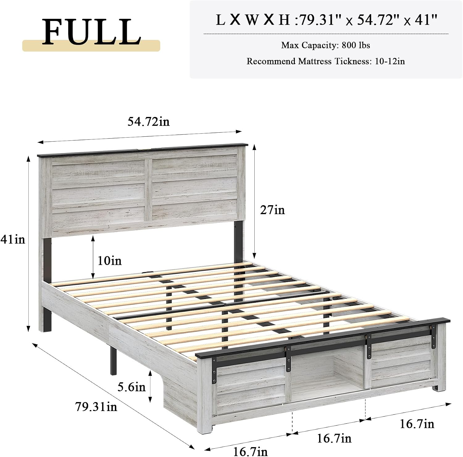 Wooden Bed Frame Full Size with Headboard & Sliding Barn Door Storage Footboard, Farmhouse Platform Bedframe with Charging Station and LED Lights, No Box Spring Needed, Boho White