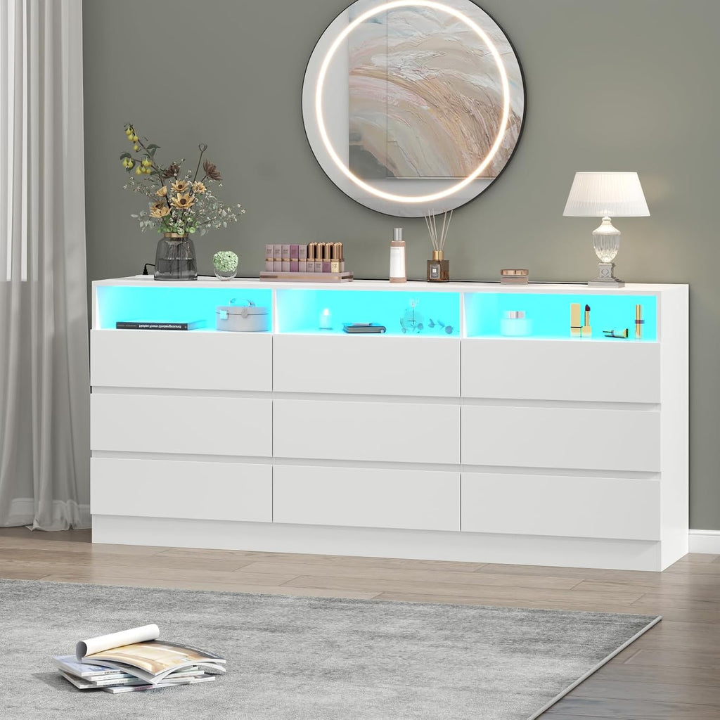 Gyfimoie 9 Drawer Double Dresser with Power Outlet, Accent Chests of Drawers with LED Light, Modern White Storage Dresser with Charging Station (Mirror Not Included) (9 Drawers-White)
