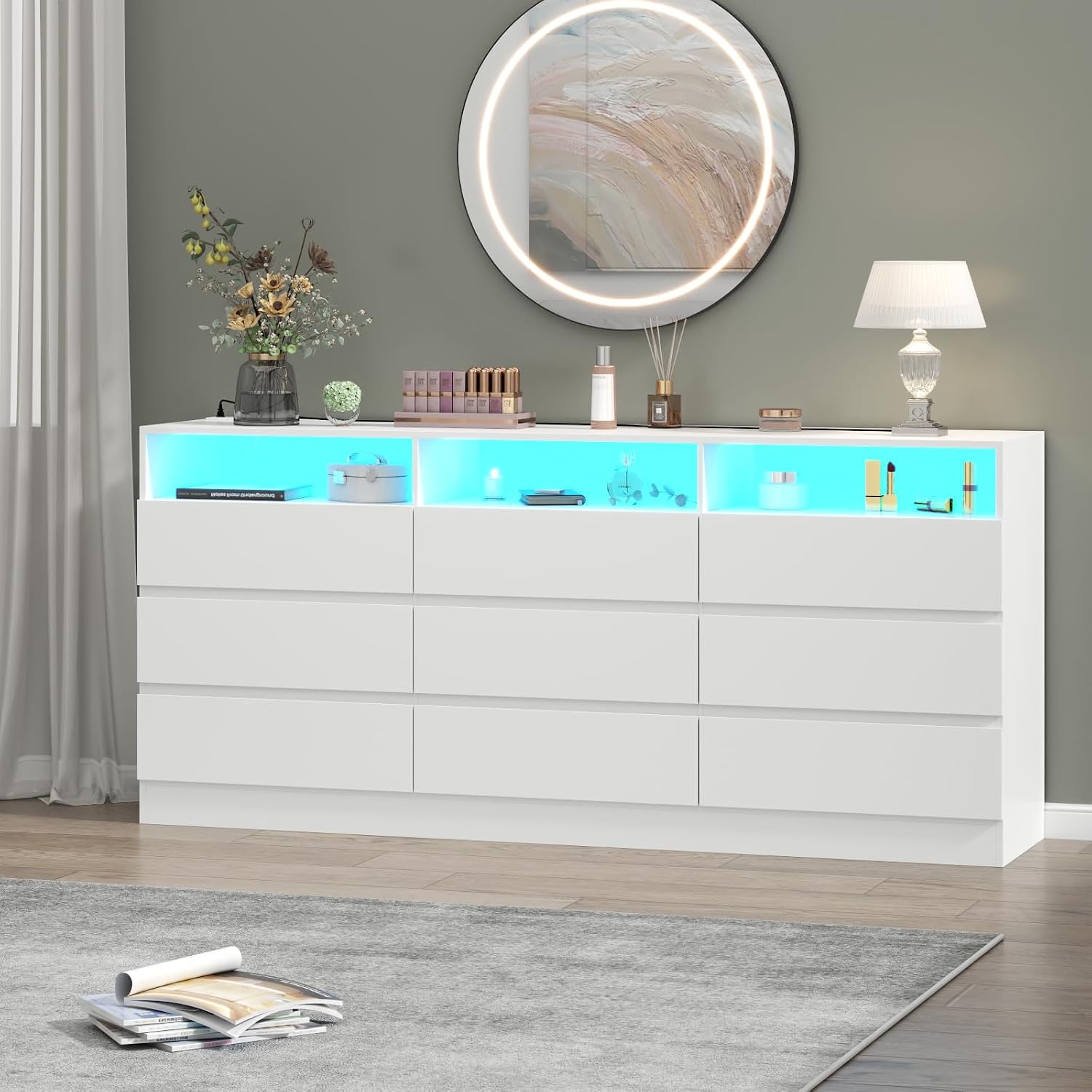 Gyfimoie 9 Drawer Double Dresser with Power Outlet, Accent Chests of Drawers with LED Light, Modern White Storage Dresser with Charging Station (Mirror Not Included) (9 Drawers-White)