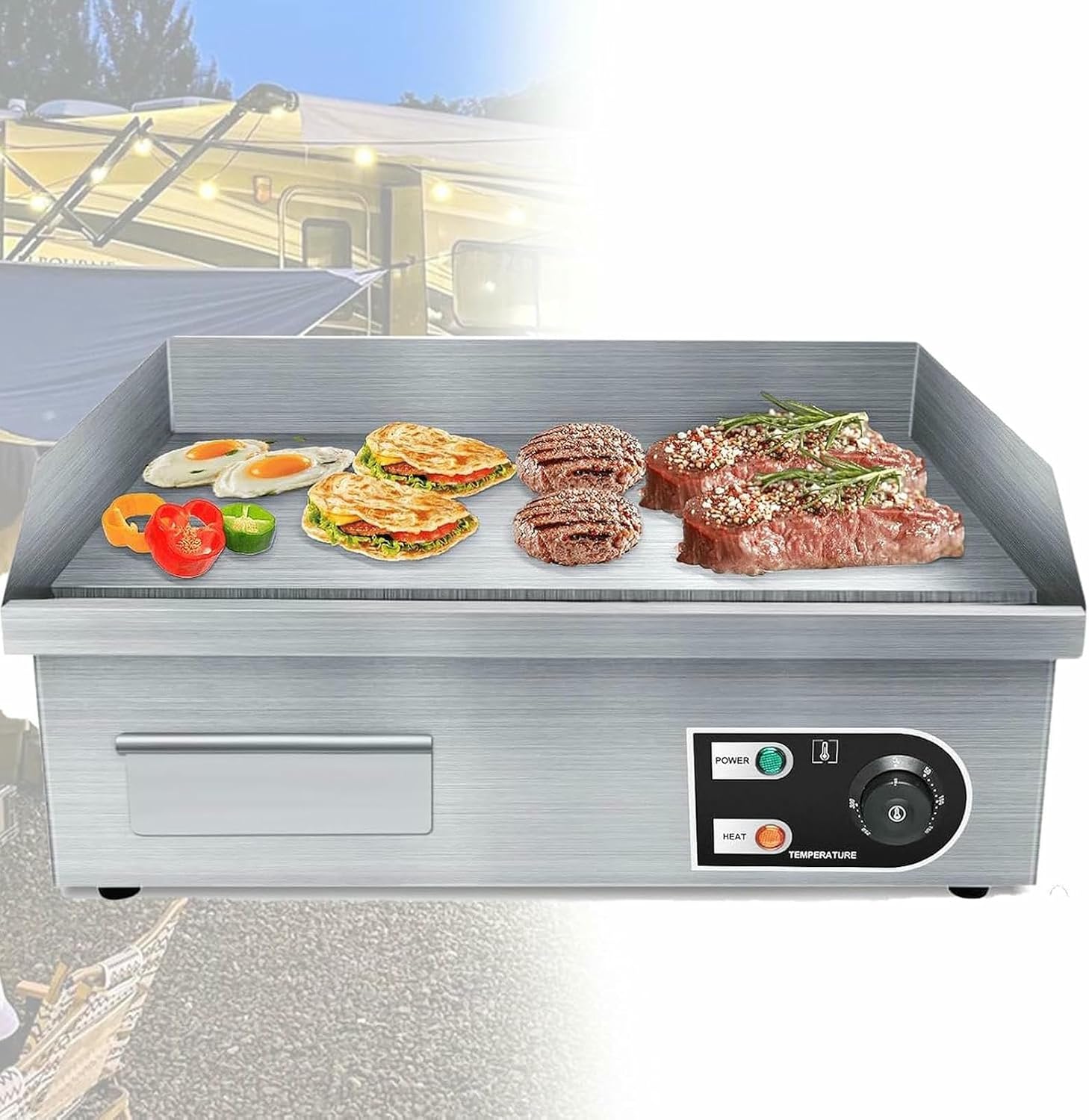 Commercial Electric Griddle,Countertop Flat Top Outdoor Griddles Hotplate 3KW BBQ Grill Mild Steel Steaks Business Catering Grill,